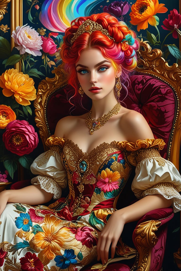  (Gustav Klimt and Mucha and Caravaggio style artwork),art_booster, flat illustration of a beautiful student model sitting on a fancy chair in a luxury boroque rococo apartment. A Rococo sausage curls hairstyle. ((best quality)), a close up burgundy/black line art of a beautiful young diva in ecstacy over surrounded by flowers and dark shadowy smoke. , paper texture, palette knife painting. The artwork should be centered, stylized, and elaborate, with a beautiful outfit, gorgeous eyes, and a dynamic pose. rendered in 8K resolution for high-quality detail.,ncg,, Kitsch maximalism fashion style, woman of Scandinavian descent, long beautiful colorful candy hair, blue eyes, perfect beauty, wearing a beautiful traditional Tajik bridal costume.The luxurious dress is intricately embroidered in gold and red and is very colorful. full of happiness, ,emo,hubggirl,(Rainbow haired girl:1.3),Midjourney_Whisper, burgundy, upper body.