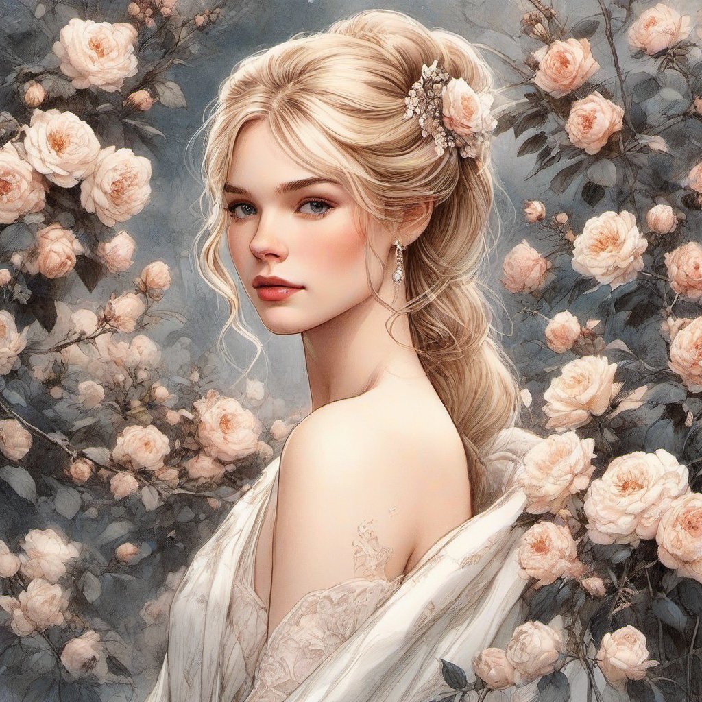  ((extremely perfect detailed)), Masterpiece, HD, 16K, A captivating minimalist illustration of a 20-year-old blonde beauty. ((extremely perfect detailed)), ((perfect detailed face)), concept art,mysterious, nightmarish dreamlike, perfect anatomy, great realistic features, perfect detailed hands fingers, (detailed, detailed florals, crystals, minerals), (perfect detailed jewelry:1.9), masterpiece, pure perfection , sharp focus, beautiful woman, ((2d ink art line, comics art:1.9)), ((the only one maine heroine stand aside from the centre:1.9)), lanky, tall, tule layered gown, ((gown by Greg Manchess and Miles Aldridge)), ((winter garden branches)),, flat illustration, ink, 