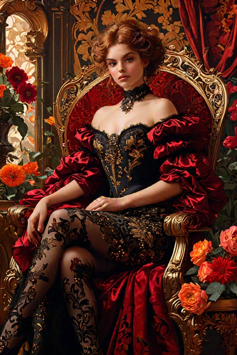  (Gustav Klimt and Mucha and Caravaggio style artwork),art_booster, flat illustration of a beautiful student model sitting on a fancy chair in a luxury boroque rococo apartment. ((best quality)), a close up burgundy/black line art of a beautiful young diva in ecstacy over surrounded by flowers and dark shadowy smoke from Firebird. The art includes. The artwork should be centered, stylized, and elaborate, with a beautiful outfit, gorgeous eyes, and a dynamic pose. rendered in 8K resolution for high-quality detail.,ncg,, burgundy, upper body