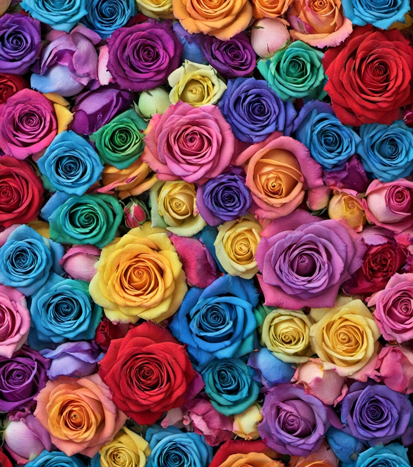 ((hyper photorealistic:1.9)), (((extremely detailed))), ((high quality, highres)), (masterpiece), ((seamless pattern)), 
 ((flat lay, top view, flat lay composition), (many roses), (flat lay roses), ((50 roses)), ((all roses same size:1.9)), ((all roses on same flat lay lane:1.9)), ((roses close to each other:1.9)), ((every roses touch other roses:1.9)), ((roses side by side:1.9)), ((rose petals touch other roses petals)), ((photorealistic perfect detailed roses petals:1.9)), ((perfect detailed roses form:1.9)), ((perfect detailed roses petals form:1.9)), ((big blossom open many petals of roses:1.9)), (((all roses have identical sizes:1.9))), (((the center of the rose looks up:1.9))), ((photorealistic detailed roses petals:1.9)), 
((amazing bright colorful rainbow colors:1.9)), ((ombre rainbow colors on petals:1.9)), ((ombre effect:1.9)), (((ombre rainbow colorful))), ((photo r3al, more detail XL, Landskaper, ultra detailed)), ((colorful)), ((ombre rainbow color rose:1.9)), ((green_color_rose_petals:1.9)), ((many colors of rainbow on every rose:1.9)), ((every rose have many different rainbows colors:1.9)), ((green_blue_royal-violet colors:1.9)), ((green_royal-violet color:1.9)), ((luxury flower roses wall)), ((soft light)), ((pastel colors tone))