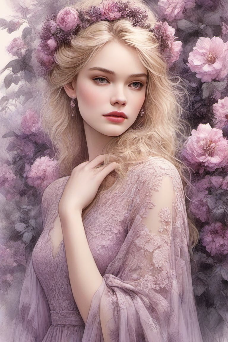 ((extremely perfect detailed)), Masterpiece, HD, 16K, A captivating minimalist illustration of a 20-year-old blonde beauty. ((A painting in shades of mauve, lace gown and elaborate floral wreath)), (((airbrush art by Yoji Shinkawa:1.9))) Layered tulle gown with sparkling lace, ((standing between Syringa vulgaris lilac astilbe bloom)), ink art,line art illustration, ((the main heroine standing away in all human height between flowers)), standing away,