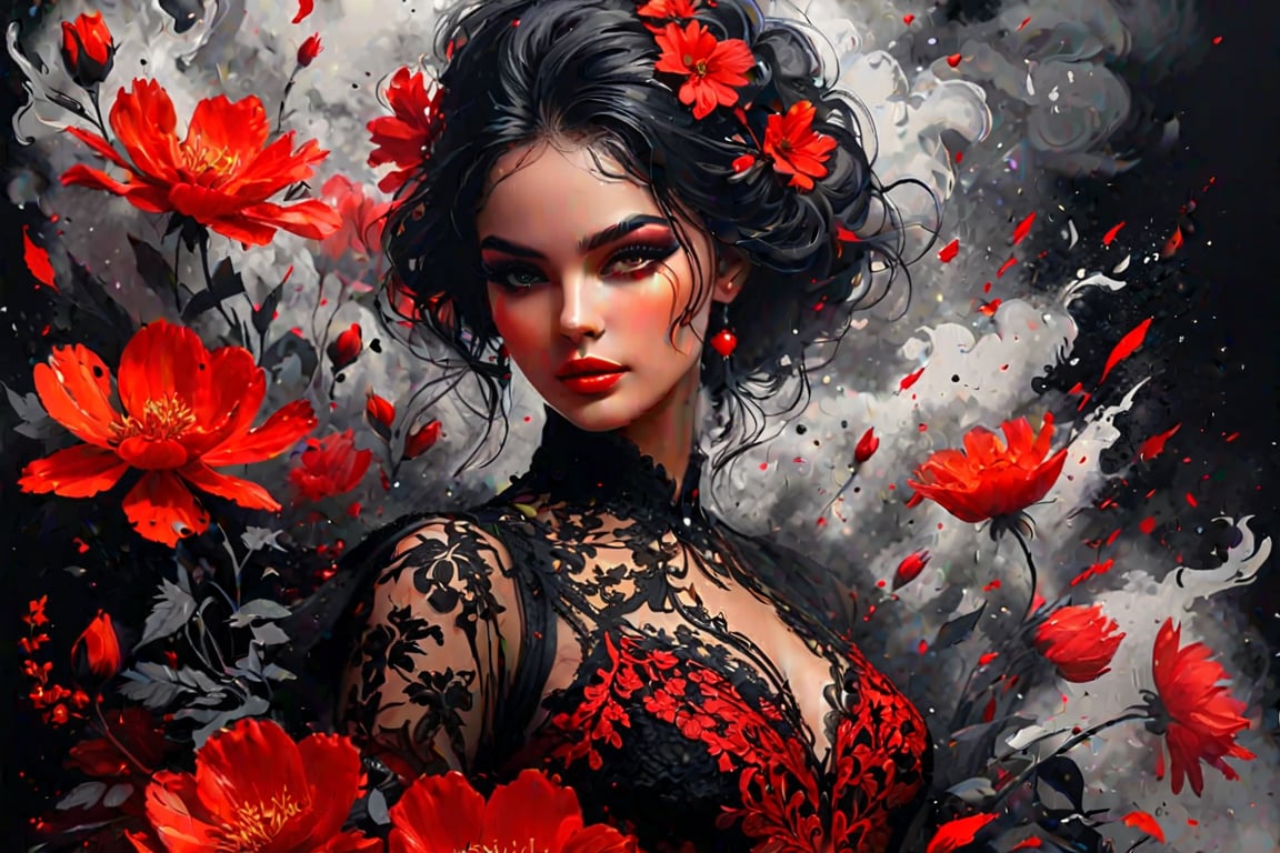 ((best quality)), a close up red/black line art of a beautiful young diva in ecstacy over surrounded by flowers and dark shadowy smoke from Firebird. The art includes splatter drippings, paper texture, palette knife painting. The artwork should be centered, stylized, and elaborate, with a beautiful outfit, gorgeous eyes, and a dynamic pose. rendered in 8K resolution for high-quality detail.,ncg,, upper body, ((solo standing away in all human height)), (extremely detailed lace), ((standing between behind red flowers))