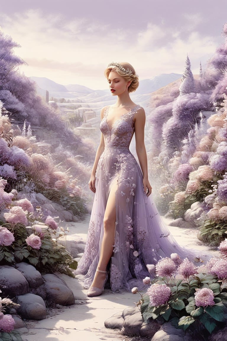 ((extremely perfect detailed)), Masterpiece, HD, 16K, A captivating minimalist illustration of a  20-year-old blonde beauty. 
((A painting in shades of mauve, lace gown and elaborate floral wreath)), (((airbrush art by Yoji Shinkawa:1.9)))
Layered tulle gown with sparkling lace, ((standing between  Syringa vulgaris lilac astilbe bloom)),, ((the main heroine standing away in all human height between flowers)), ink art,line art illustration