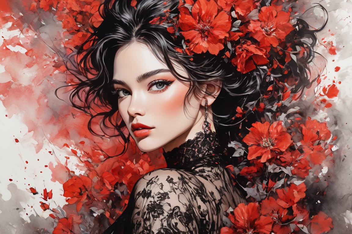 ((best quality)), a close up red/black line art of a beautiful young diva in ecstacy over surrounded by flowers and dark shadowy smoke from Firebird. The art includes splatter drippings, paper texture, palette knife painting. The artwork should be centered, stylized, and elaborate, with a beautiful outfit, gorgeous eyes, and a dynamic pose. rendered in 8K resolution for high-quality detail.,ncg,, upper body, ((solo standing away in all human height)), (extremely detailed lace)