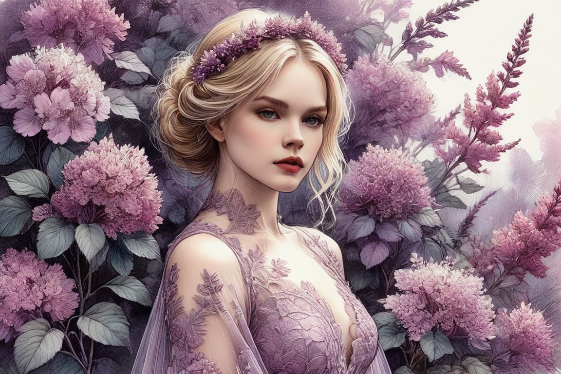 ((extremely perfect detailed)), Masterpiece, HD, 16K, A captivating minimalist illustration of a  20-year-old blonde beauty. 
((A painting in shades of mauve, lace gown and elaborate floral wreath)), (((airbrush art by Yoji Shinkawa:1.9)))
Layered tulle gown with sparkling lace, ((standing between  Syringa vulgaris lilac astilbe bloom)),, ((the main heroine standing away in all human height between flowers)), ink art,line art illustration