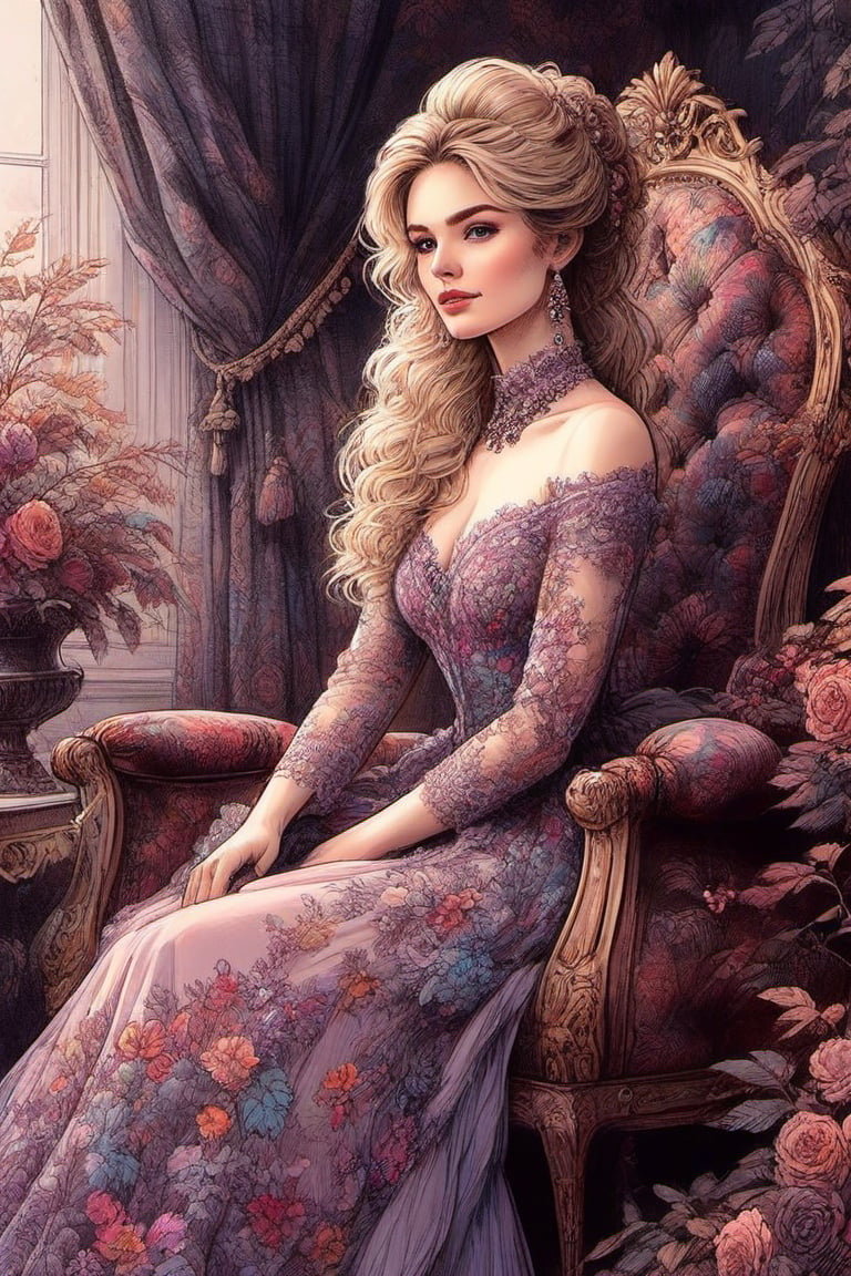 flat illustration of a beautiful student model sitting on a fancy chair in a luxury boroque rococo apartment. A Rococo sausage curls hairstyle. She is wearing an avant-garde layered gown made of stiff materials. Dark color palette. Cluttered maximalism. Close-up shot. Rim lighting. Masterpiece. 64k. ncg,ink,ink art,line art illustration, (Extremely detailed ), (every detail in perfect sharp focus), (masterpiece), (stunningly soft light evenly illuminating the entire face and body), ((extremely perfect detailed)), Masterpiece, HD, 16K, A captivating minimalist illustration of a 20-year-old blonde beauty. ((A painting in shades of mauve, lace gown and elaborate floral wreath)), (((airbrush art by Yoji Shinkawa:1.9))) Layered tulle gown with sparkling lace, ((standing between multicoloured ombre autumn rowan leaves branches)), ink art,line art illustration, ((the main heroine standing away in all human height between many rowan leaves)), standing away, Burgundy, (by Greg Manchess and Miles Aldridge), (extremely detailed are colorful linen pastel flamenco lace dress gown), (ombre multicoloured leafs:1.9)), (pattern of ombre multicoloured leafs:1.9))