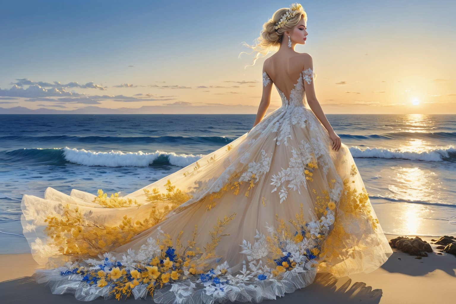 Masterpiece, HD, 16K, A captivating minimalist 
illustration of a  20-year-old blonde beauty.  lace gown and elaborate floral wreath, airbrush art by Yoji Shinkawa,
Layered tulle gown with sparkling lace, (colors are warm_yellow and royal_blue)
Standing away looking at sea sunrise 