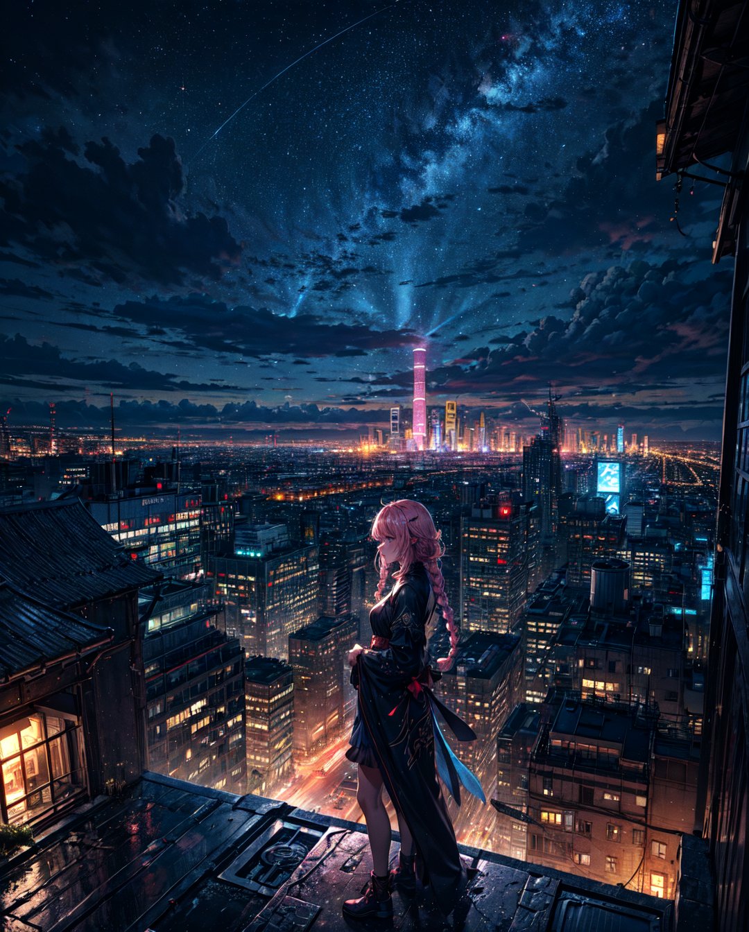 panoramic view, panoramic shot, masterpiece,best quality,High definition, high resolution, dark blue night background,central road,fluttering leaves,wind, elements, beautiful night summer,standing alone,1 beautiful woman, pink braids,More Details, city in the distance, standing on a rooftop, city below, city night life, beautiful atmosphere, epic fantasy composition 