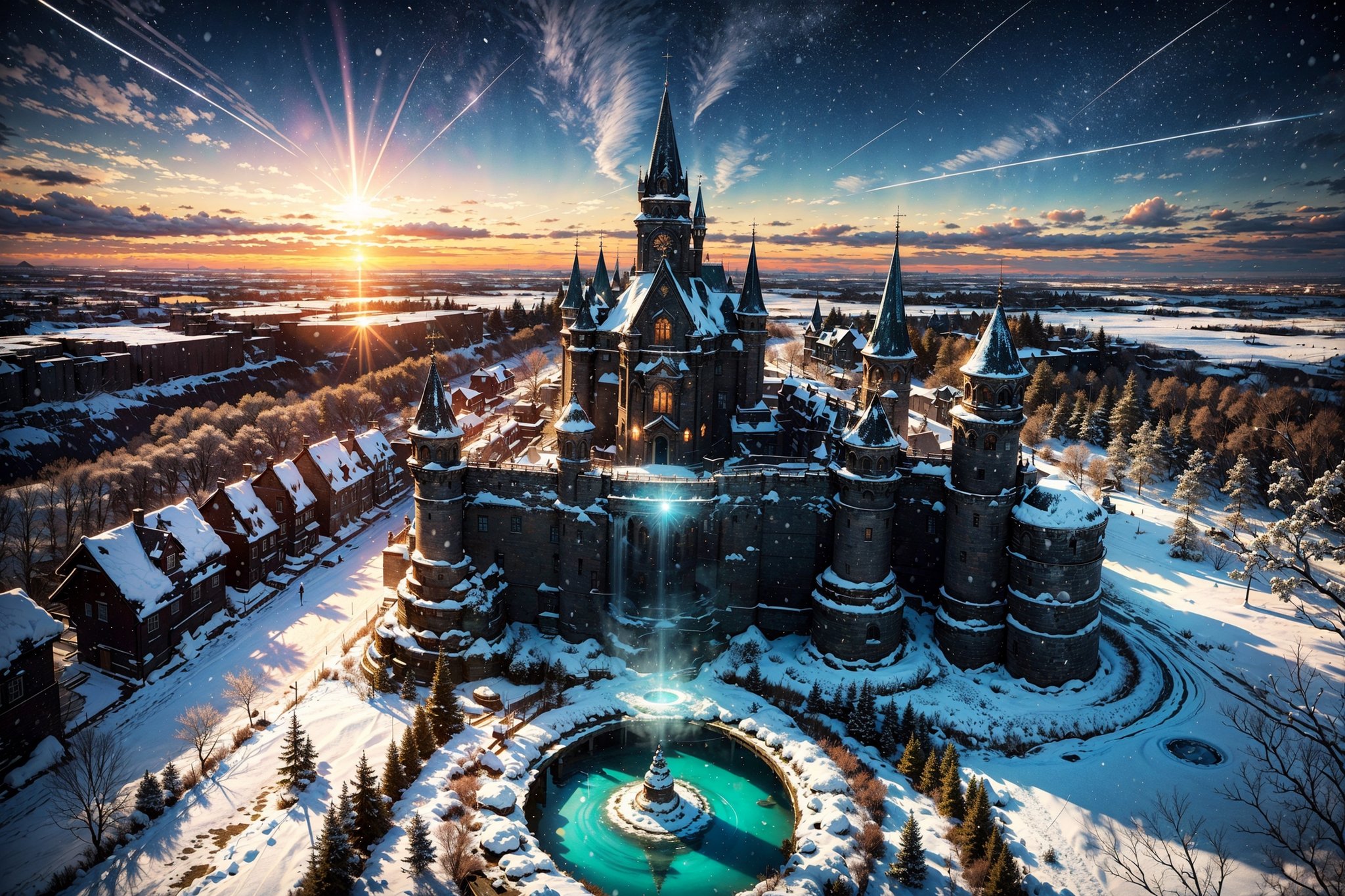 ((masterpiece, photorealistic, realism, best quality, cinematic lighting, beautiful, hyperdetailed)), city of ice, ice kingdom, ice castle, magical atmosphere, epic, (((snow magical garden, aerial view))), forest scene, icepunk, snow land, ice water, Icelandic, ((ice roses, blue roses)), city castle palace covered in snow, distant view, aerial view, environmental, landscape, fantasy artwork ,masterpiece,anime,girl