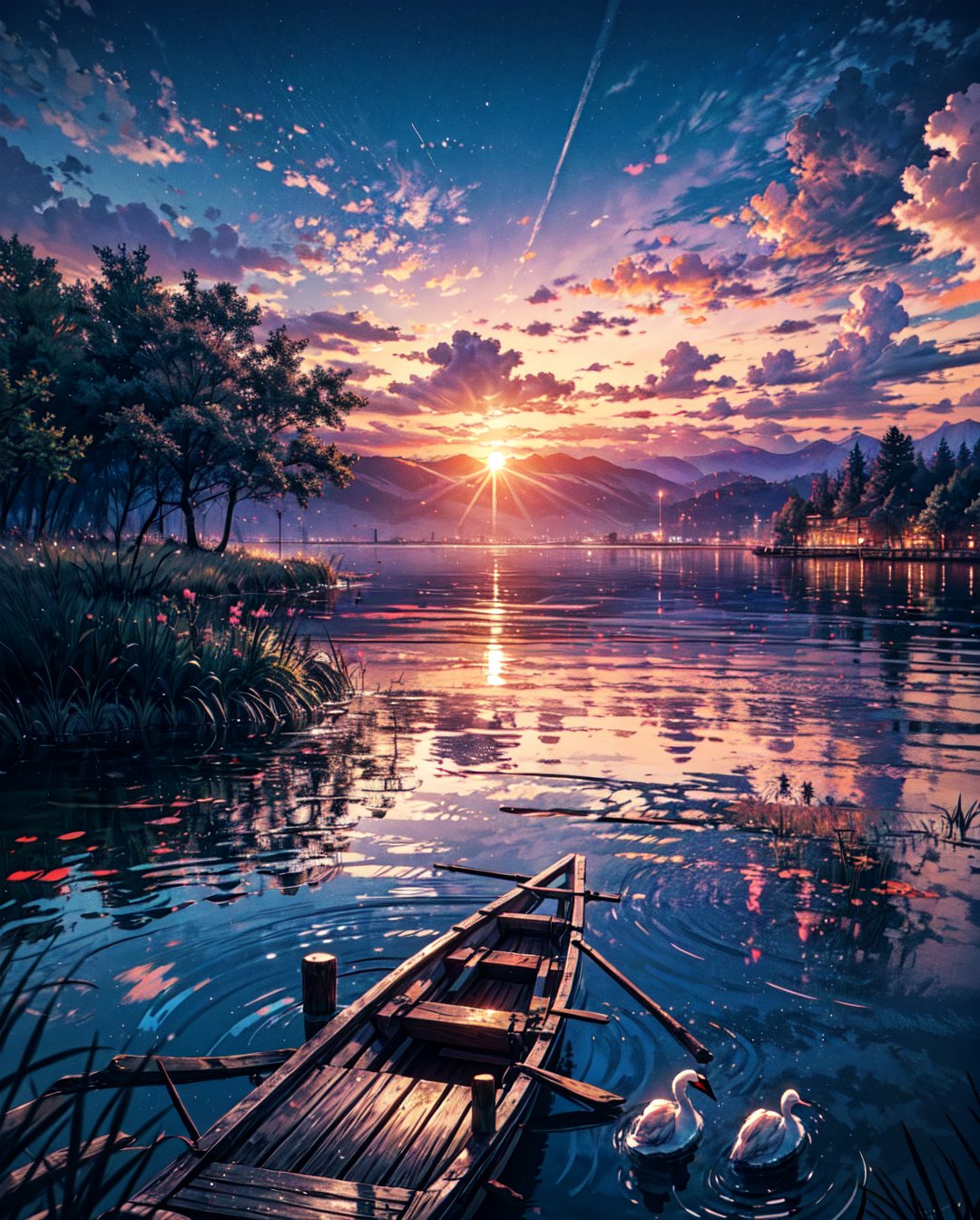 panoramic view, panoramic photograph, panoramic shot, Create an image of a serene lakeside scene at sunset. The calm waters of the lake mirror the brilliant oranges, pinks, and purples of the sky as the sun dips below the horizon. Tall, slender reeds sway gently at the water's edge, and a wooden dock extends out into the lake, with an old rowboat tied to it. On the far side of the lake, dense forest surrounds the water, its silhouette dark against the colorful sky. A pair of swans glides gracefully across the water, leaving ripples in their wake. The atmosphere is peaceful and still, capturing the quiet beauty of nature at the end of the day.