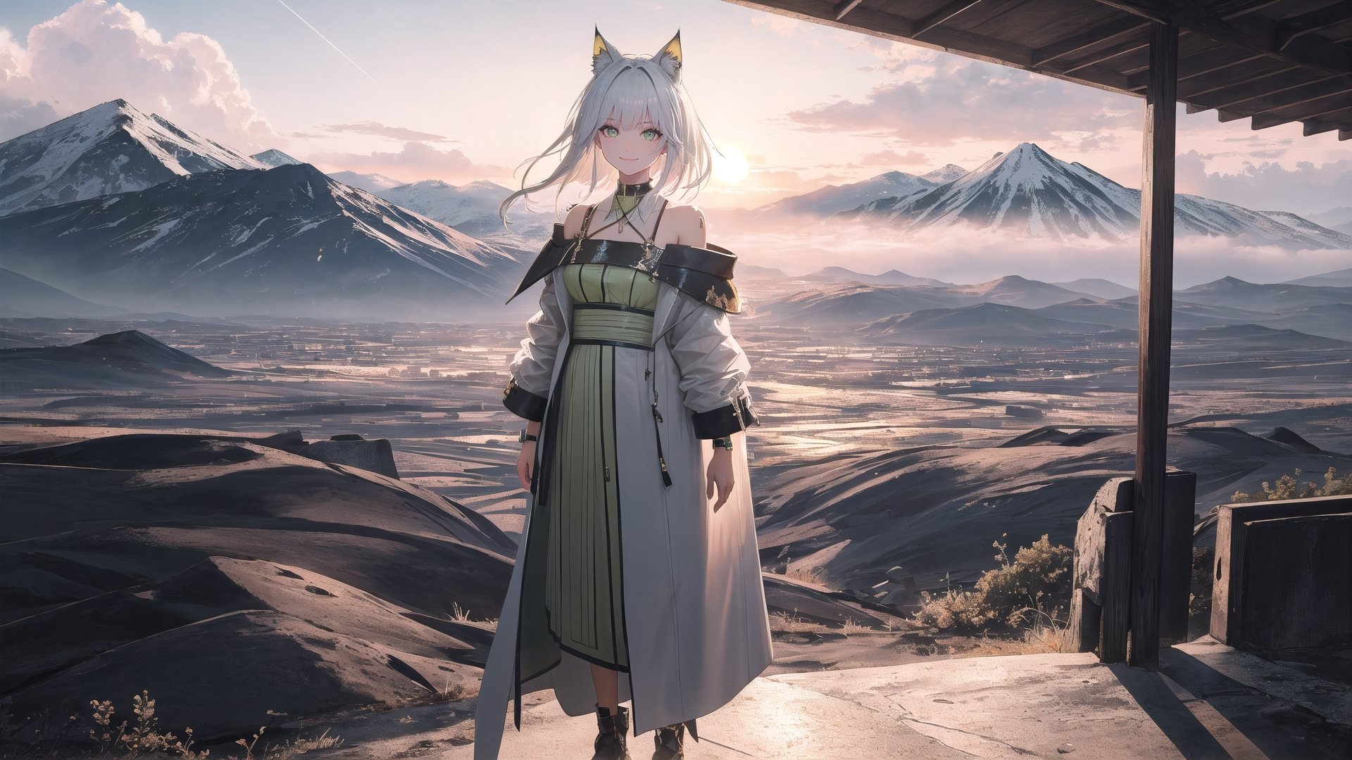Full body view, detailed outfits, complex_bg , destruction,  potrait, cinematic light, 8k, illustration, Mountains eruption, 1girl,solo,looking at viewer,(glowing eyes:1.5,aura),(closed mouth,smile:1.2), (cowboy shot),outside, landscape, weird atmosphere, (best quality:1.1), (masterpiece:1.2), dramatic light, high quality shadow, beautiful detailed, (high detailed skin, skin details),(wide_landscape,8k), beautiful face, detailed eyes, depth of field,best quality, highres, best shadow, best illumination,(backlighting)
, meteor rain,sunset, scenery,High detailed ,Color magic, green eyes