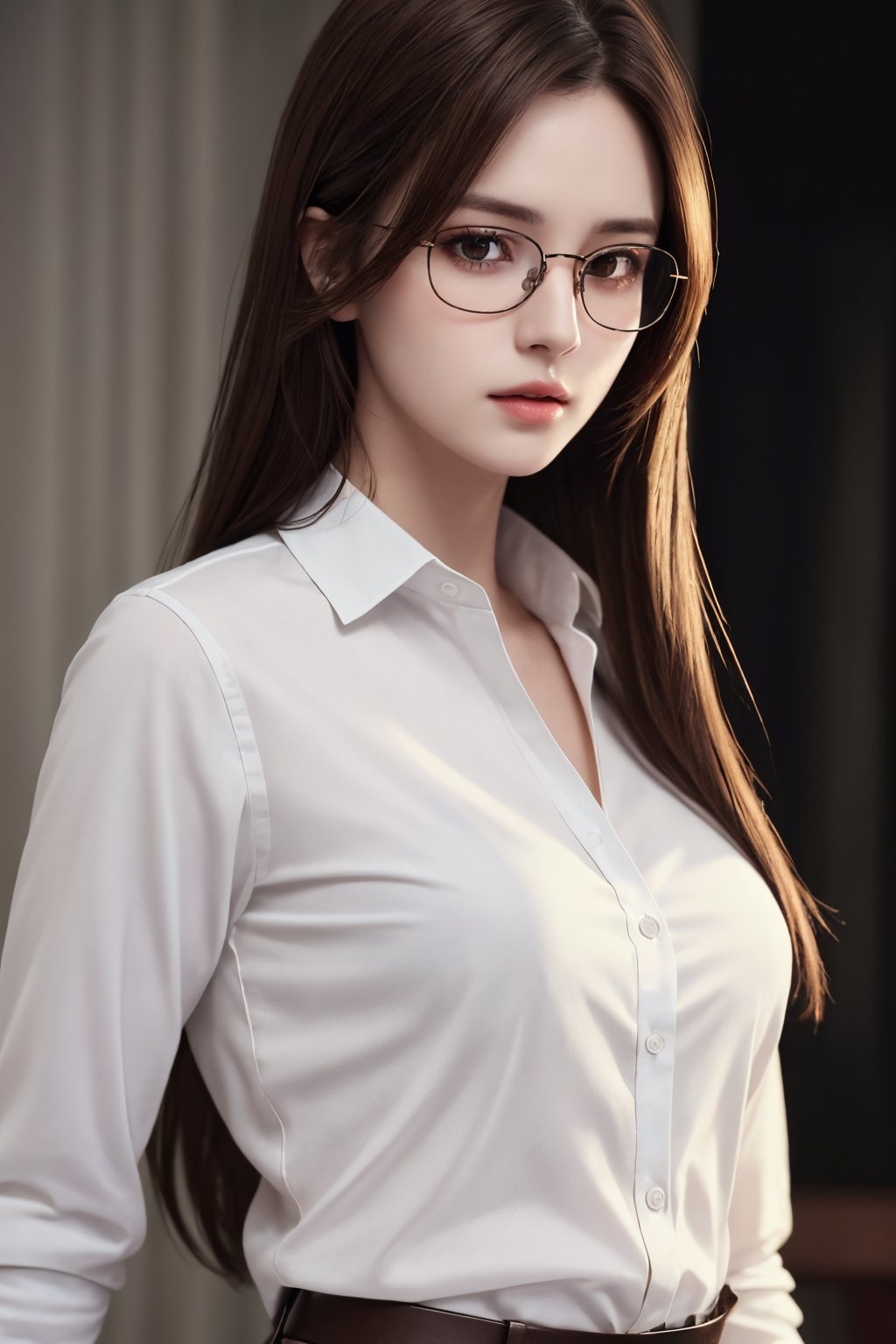 photorealistic, masterpiece, best quality, raw photo, 1girl, medium breasts, long hair, brown hair, collared white long sleeve shirt,  dynamic lighting, in the dark, deep shadow, low key, intricate detail, detailed skin, pore, highres, hdr, full_body, full-body_portrait, eye_glasses, open_shirt