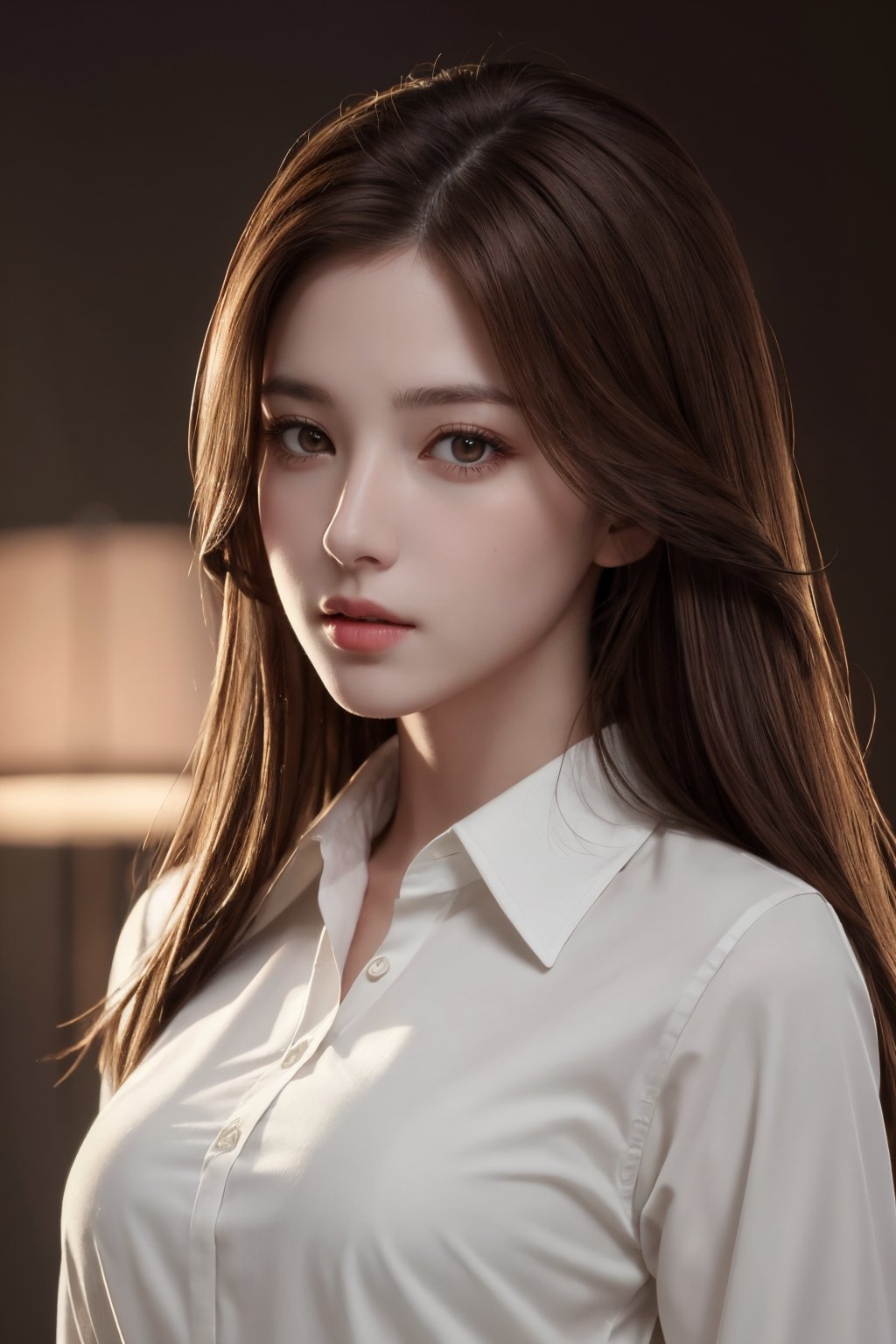 photorealistic, masterpiece, best quality, raw photo, 1girl, medium breasts, long hair, brown hair, collared white long sleeve shirt,  dynamic lighting, in the dark, deep shadow, low key, intricate detail, detailed skin, pore, highres, hdr, full_body, full-body_portrait, breasts