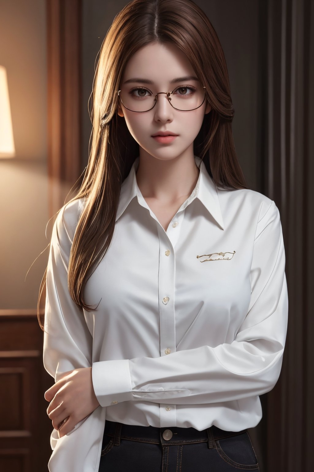 photorealistic, masterpiece, best quality, raw photo, 1girl, medium breasts, long hair, brown hair, collared white long sleeve shirt,  dynamic lighting, in the dark, deep shadow, low key, intricate detail, detailed skin, pore, highres, hdr, full_body, full-body_portrait, eye_glasses, looking at viewer,