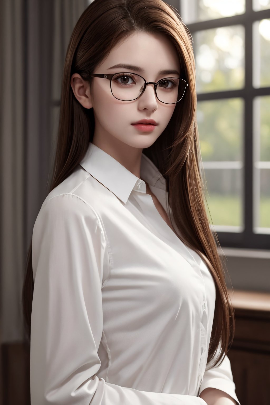 photorealistic, masterpiece, best quality, raw photo, 1girl, small breasts, long hair, brown hair, collared white long sleeve shirt,  dynamic lighting, in the dark, deep shadow, low key, intricate detail, detailed skin, pore, highres, hdr, full_body, full-body_portrait, glasses_on_head, open_shirt, boobs