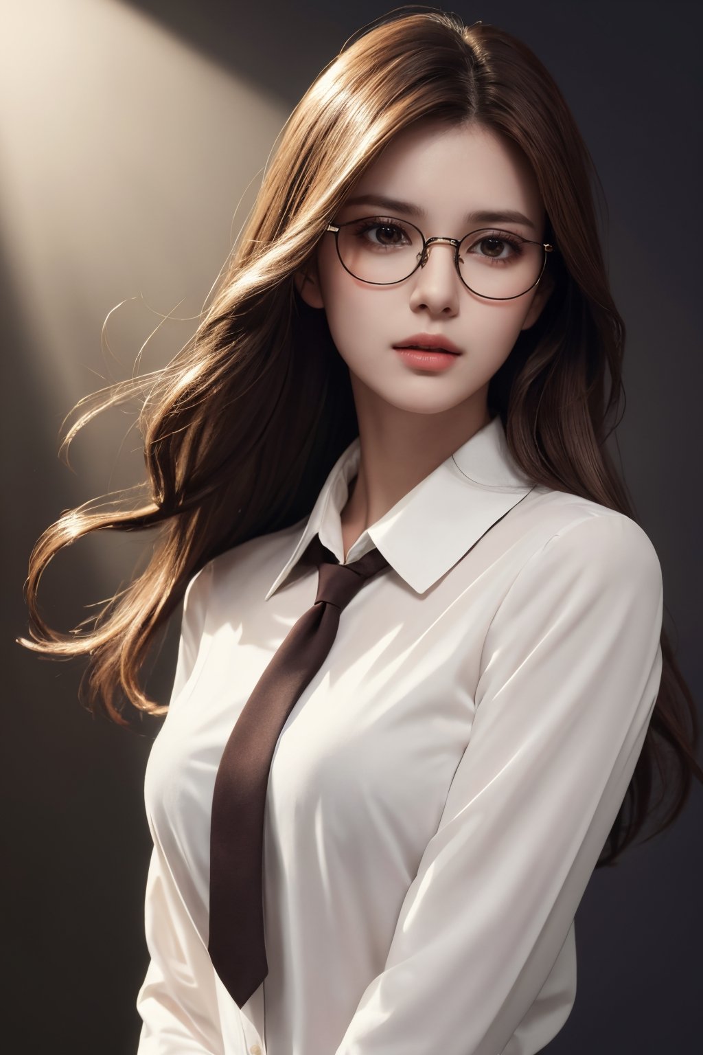 photorealistic, masterpiece, best quality, raw photo, 1girl, medium breasts, long hair, brown hair, collared white long sleeve shirt,  dynamic lighting, in the dark, deep shadow, low key, intricate detail, detailed skin, pore, highres, hdr, full_body, full-body_portrait, eye_glasses, open_blouse