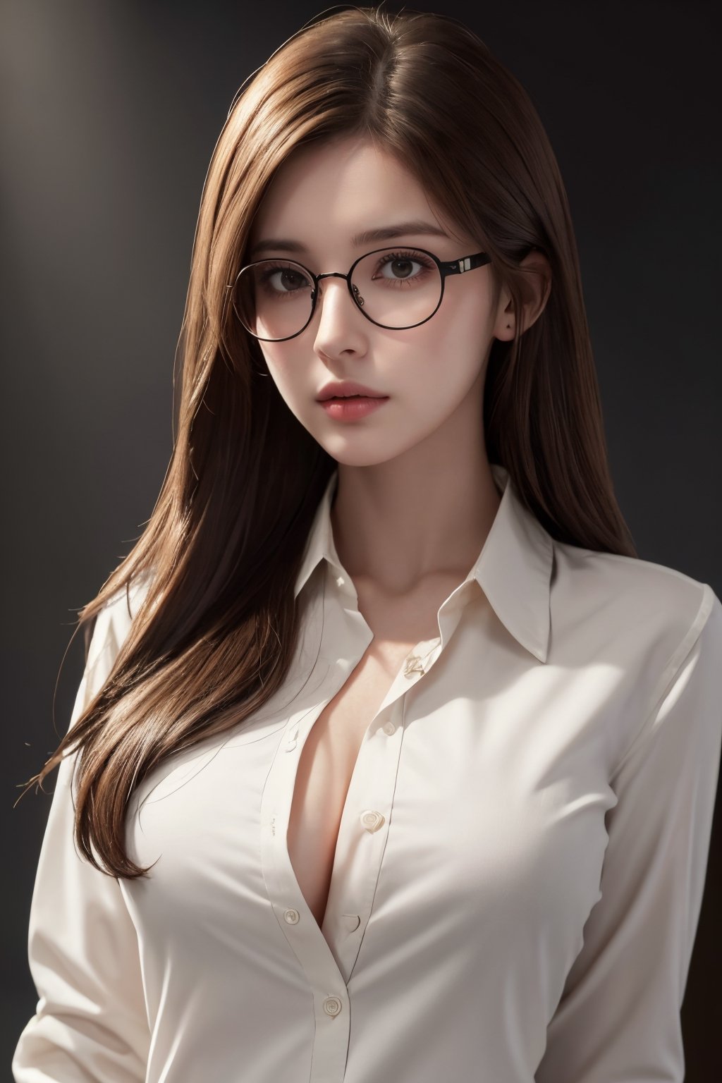 photorealistic, masterpiece, best quality, raw photo, 1girl, medium breasts, long hair, brown hair, collared white long sleeve shirt,  dynamic lighting, in the dark, deep shadow, low key, intricate detail, detailed skin, pore, highres, hdr, full_body, full-body_portrait, eye_glasses, open_shirt, breast