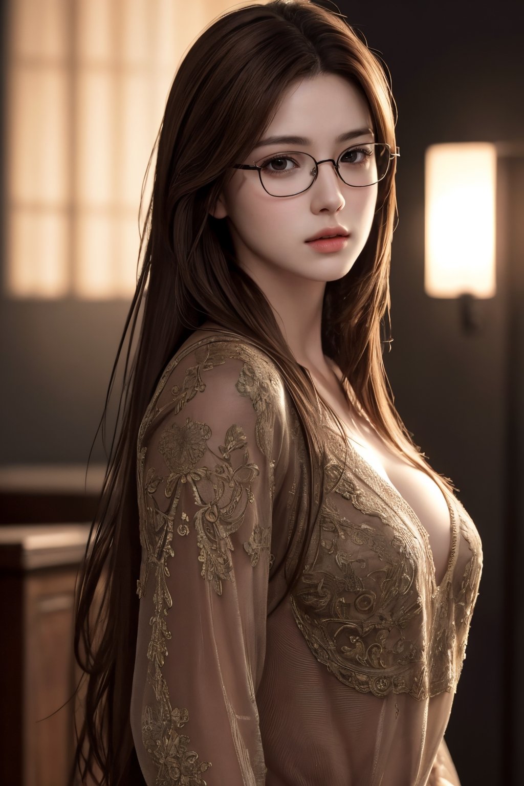 photorealistic, masterpiece, best quality, raw photo, 1girl, medium breasts, long hair, brown hair, dynamic lighting, in the dark, deep shadow, low key, intricate detail, detailed skin, pore, highres, hdr, full-body_portrait, shirt_off, show_breats, glasses