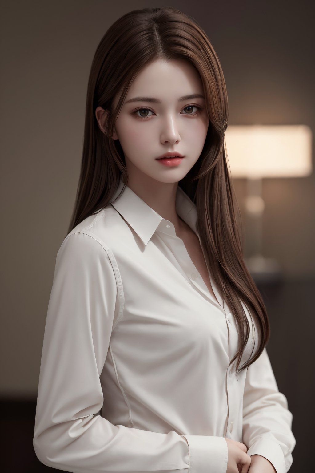 photorealistic, masterpiece, best quality, raw photo, 1girl, small breasts, long hair, brown hair, collared white long sleeve shirt,  dynamic lighting, in the dark, deep shadow, low key, intricate detail, detailed skin, pore, highres, hdr, full_body, full-body_portrait, breasts_line 