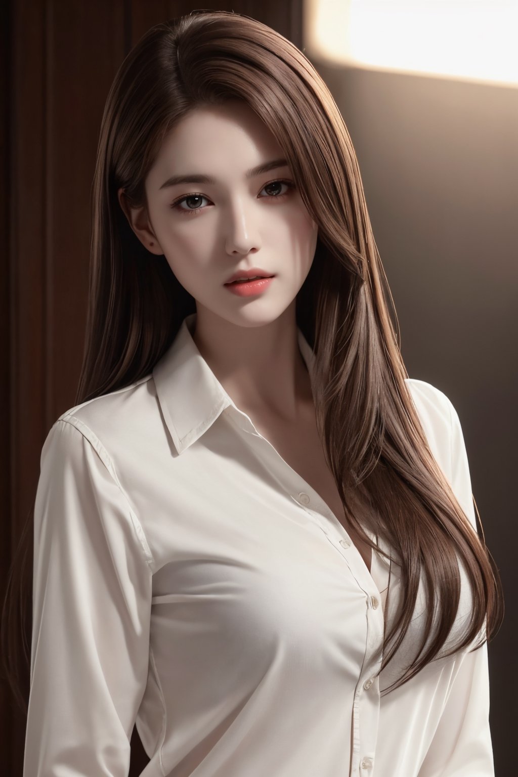 photorealistic, masterpiece, best quality, raw photo, 1girl, medium breasts, long hair, brown hair, collared white long sleeve shirt,  dynamic lighting, in the dark, deep shadow, low key, intricate detail, detailed skin, pore, highres, hdr, full_body, full-body_portrait, bra