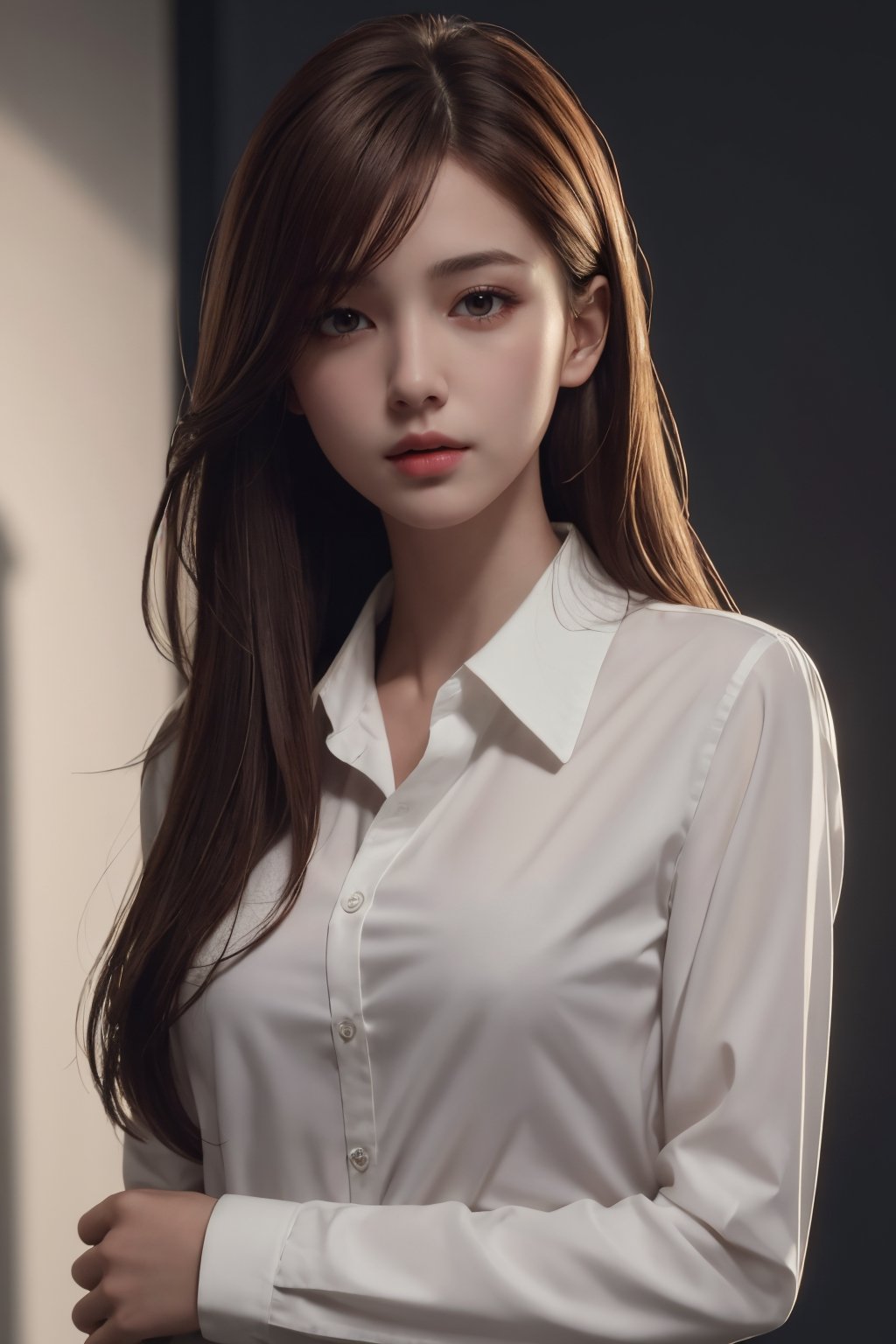 photorealistic, masterpiece, best quality, raw photo, 1girl, small breasts, long hair, brown hair, collared white long sleeve shirt,  dynamic lighting, in the dark, deep shadow, low key, intricate detail, detailed skin, pore, highres, hdr, full_body, full-body_portrait, open_shirt, 2_breasts