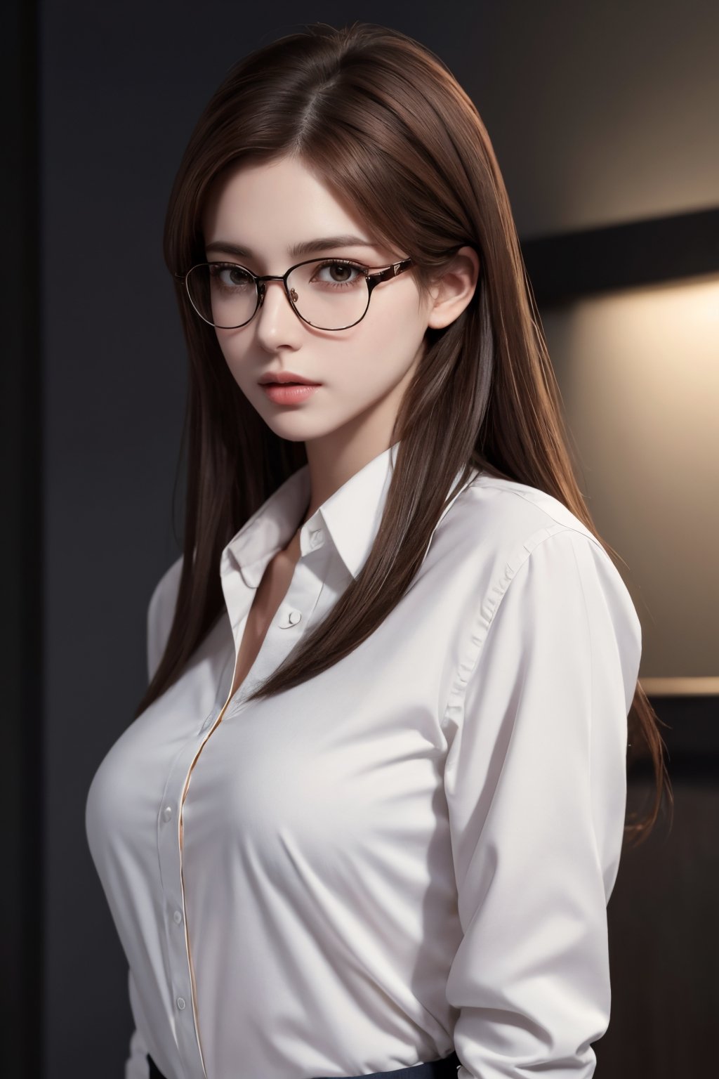 photorealistic, masterpiece, best quality, raw photo, 1girl, medium breasts, long hair, brown hair, collared white long sleeve shirt,  dynamic lighting, in the dark, deep shadow, low key, intricate detail, detailed skin, pore, highres, hdr, full_body, full-body_portrait, glasses_on_head, open_shirt, breast