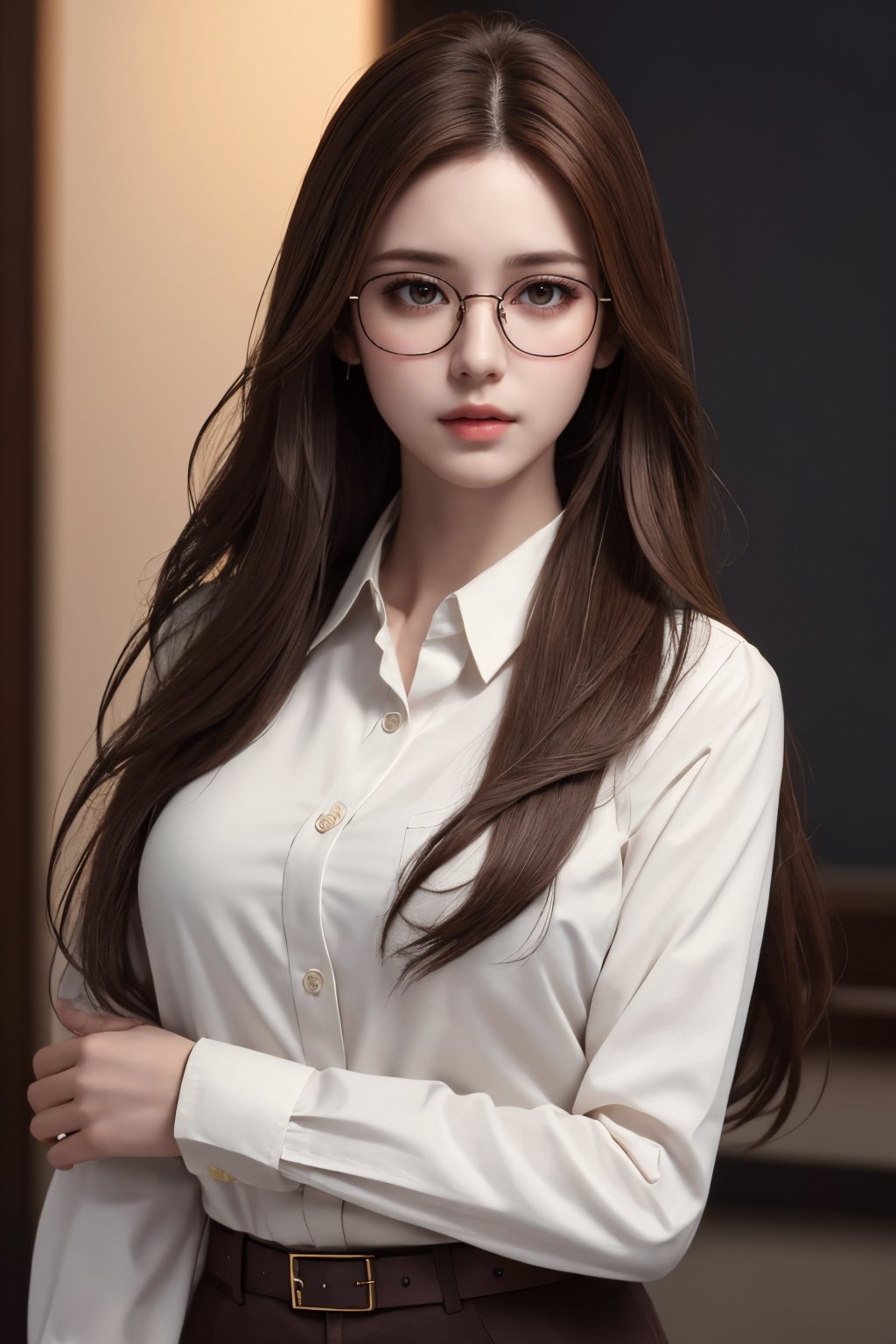 photorealistic, masterpiece, best quality, raw photo, 1girl, medium breasts, long hair, brown hair, collared white long sleeve shirt,  dynamic lighting, in the dark, deep shadow, low key, intricate detail, detailed skin, pore, highres, hdr, full_body, full-body_portrait, eye_glasses, 