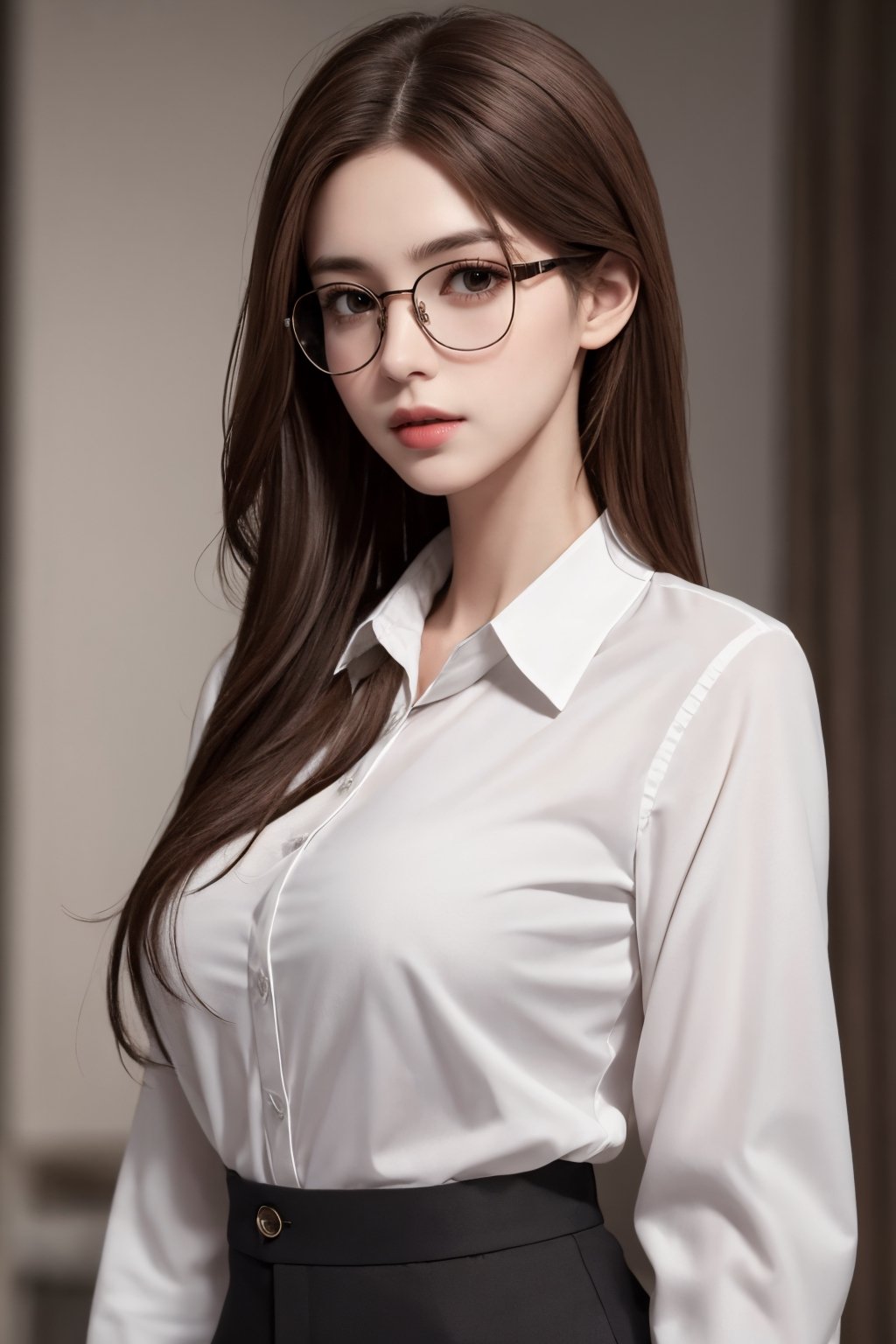 photorealistic, masterpiece, best quality, raw photo, 1girl, medium breasts, long hair, brown hair, collared white long sleeve shirt,  dynamic lighting, in the dark, deep shadow, low key, intricate detail, detailed skin, pore, highres, hdr, full_body, full-body_portrait, eye_glasses on nose, open_shirt, breast