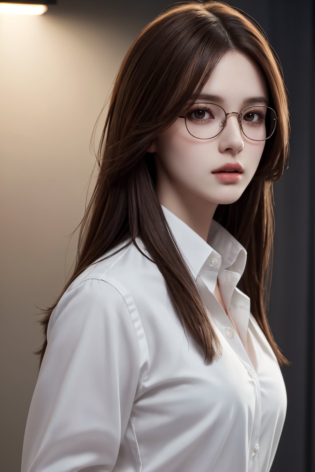 photorealistic, masterpiece, best quality, raw photo, 1girl, medium breasts, long hair, brown hair, collared white long sleeve shirt,  dynamic lighting, in the dark, deep shadow, low key, intricate detail, detailed skin, pore, highres, hdr, full_body, full-body_portrait, eye_glasses, 