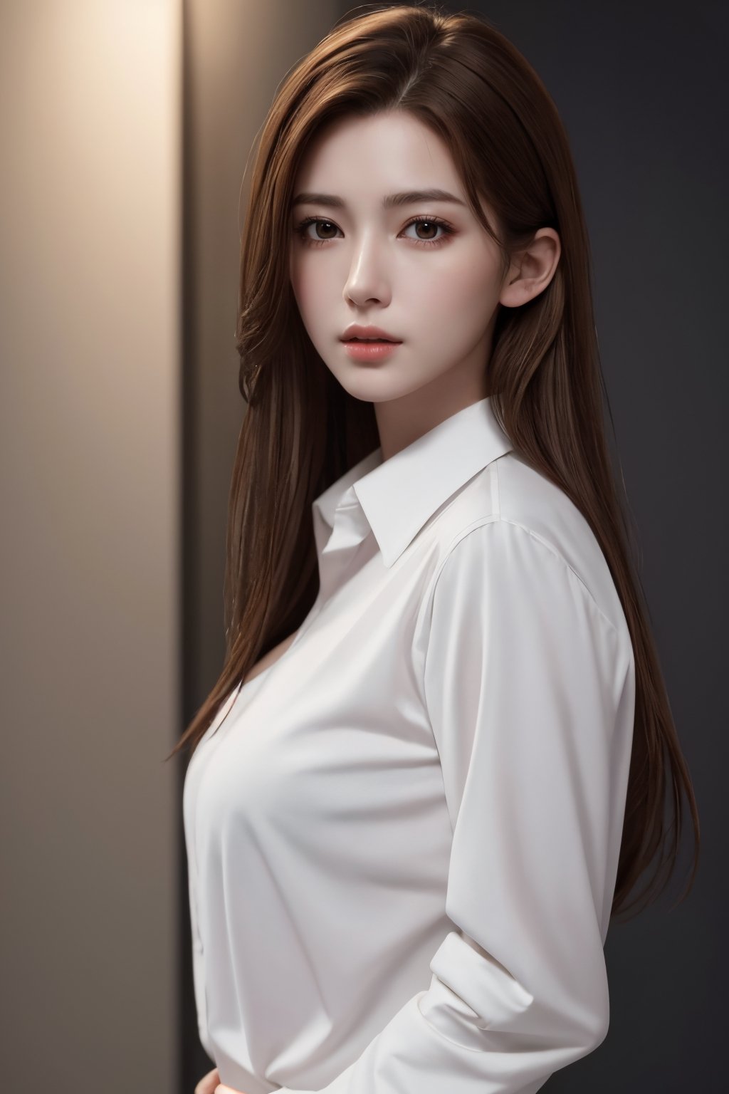 photorealistic, masterpiece, best quality, raw photo, 1girl, medium breasts, long hair, brown hair, collared white long sleeve shirt,  dynamic lighting, in the dark, deep shadow, low key, intricate detail, detailed skin, pore, highres, hdr, full_body, full-body_portrait, breasts