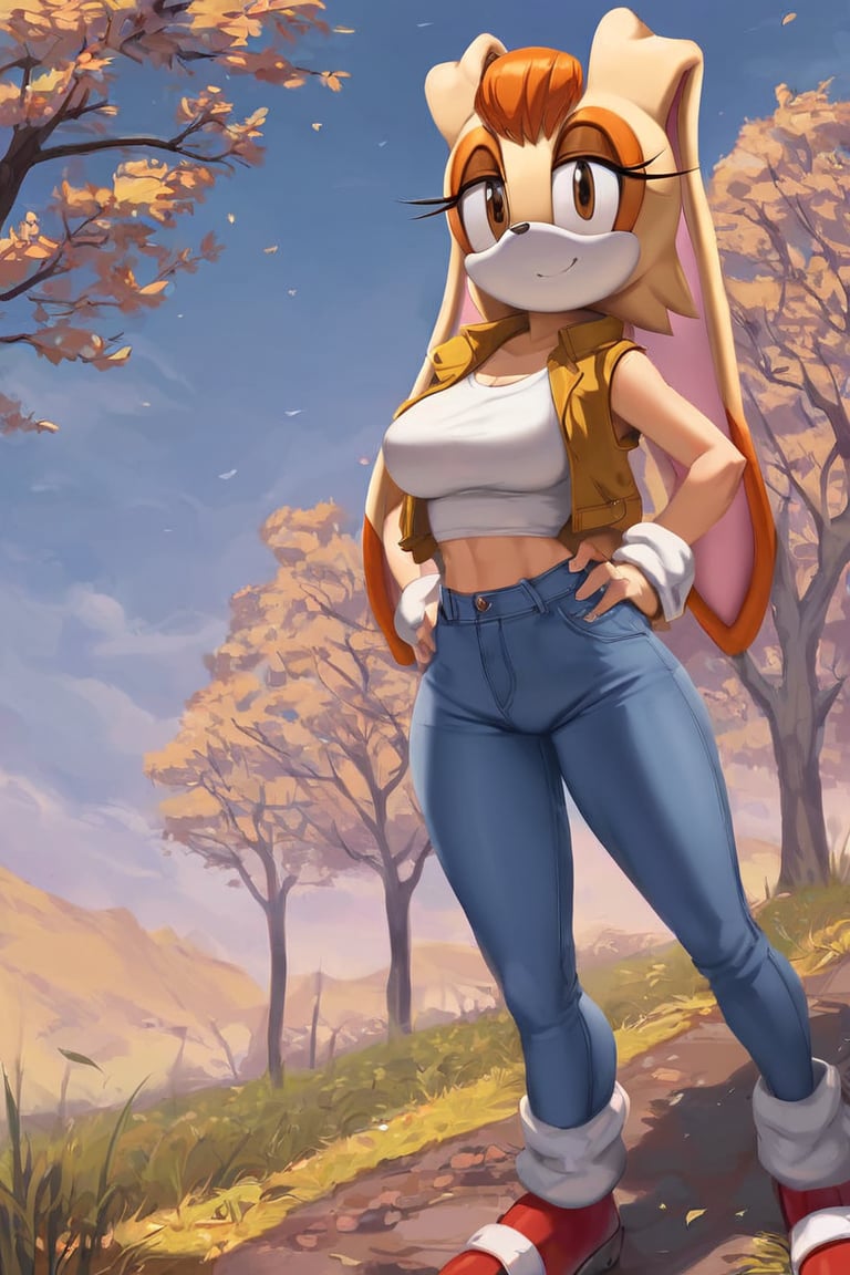 score_9, score_8_up, score_7_up, score_6_up, score_5_up, score_4_up, (Source sonic), (rating safe), vanilla the rabbit, 1girl, solo, outside, wearing blue jeans, white shirt, jacket, large breasts, brown eyes, looking at viewer, standing, outside, trees, fall weather,  , wide hips, rabbit girl, short hair, body fur, hands on hips, anime style,stomach_punch,arms up,cammystretch, stretching,flashing belly,sch00lg1rl, thighhighs