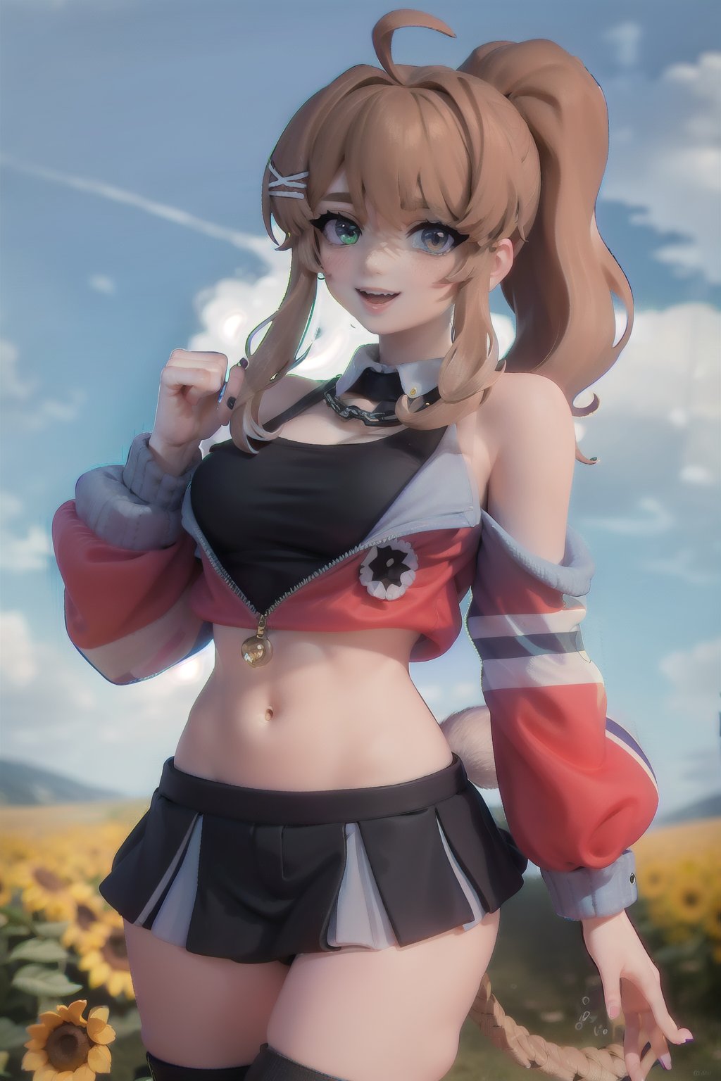 1girl, breasts, looking at viewer, smile, open mouth, bangs, ((large breasts)), brown hair, navel, holding, animal ears, cleavage, hair between eyes, medium breasts, collarbone, tail, braid, flower, :d, white tanktop , red hair, cowboy shot, outdoors, sky, day, cloud, nail polish, blurry, two-tone hair, tree, blue sky, streaked hair, blurry background, bandaid, bandaid on face, bandaid on nose, park, long hair, white hair,brown_hair, blonde hair,pvc,figma,short_hair, blush,masterpiece, ahoge,best quality,looking at the viewer,rabbit pose,pov, pink eyes,shyrei faolan, large breasts, star (symbol), blue hair,render, yellow eyes, green eyes, ponytail, fang, collar,jacket, hairband, elbow gloves, hair ornament, ,high lights,light aura,peachgolf,clothing_inner_view, red eyes, x hair ornament,harperstrikes, purple eyes,laimu,m,(hair ornament:1.2),black dress,trickywi,  hat, earrings, aqua eyes,bare shoulders, looking down, crown, brown eyes, pink hair,  hair over one eye, gradient hair,hmnc1,kizuna ai, twintails, sunflower, glasses, hair covering one eye,  (black pads sleeve:1.2), collar with chain, black crop top, (mesh:1.3), purple skirt, black skirt, skirt, square skirt, (two tone skirt:1.3), shorts, heterochromia, long sleeves,irelyth, black headwear, very long hair, blunt bangs, demon girl,kotorihikari, animal ear fluff, bow, hair bow, heart, (half color skirt:1.3), (thight mesh:1.3), ((purple thighhighs:1.3)), multicolored hair,dark skin, hair flower, shirt,ui1, green headwear, black boots, (purple eye),shizuka,peikovt,doggystyle,shubyuwu,rakkunvt,deva_vt,MERCHI,LilyBell_VT,flashing belly,kanade-fi,tania-fi,tania_beasttamer,kanade_beasttamer,nott vt, solo