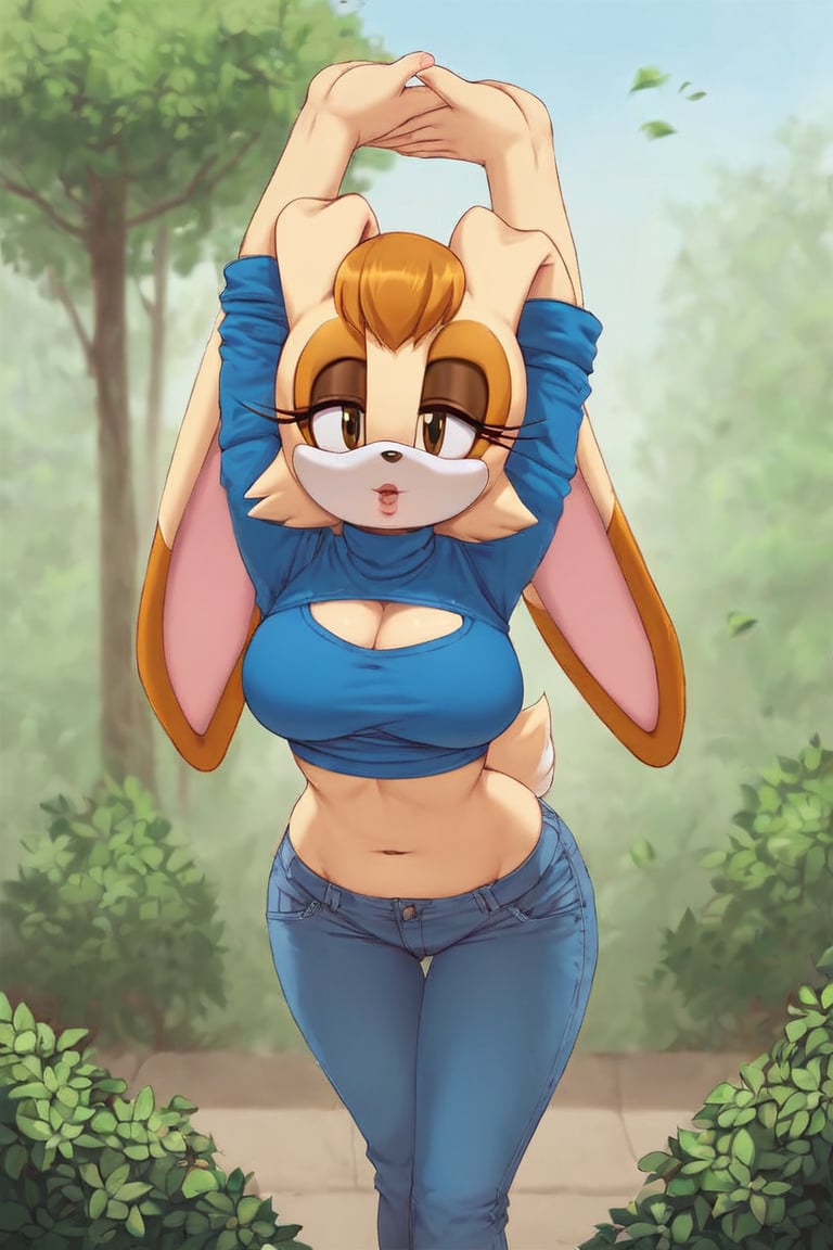 score_9, score_8_up, score_7_up, score_6_up, score_5_up, score_4_up, (Source sonic), (rating safe), vanilla the rabbit, 1girl, solo, outside, wearing blue jeans, blue sweater, shirt cutout, large breasts, brown eyes, looking at viewer, standing, outside, trees, fall weather,  , wide hips, rabbit girl, short hair, body fur, dynamic pose, anime style,flashing belly,stomach_punch,cammystretch, stretching,leaning forward,arms up