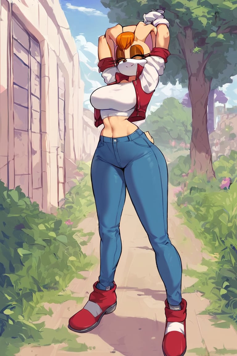 score_9, score_8_up, score_7_up, score_6_up, score_5_up, score_4_up, (Source sonic), (rating safe), vanilla the rabbit, 1girl, solo, outside, wearing blue jeans, white shirt, jacket, large breasts, brown eyes, looking at viewer, standing, outside, trees, fall weather,  , wide hips, rabbit girl, short hair, body fur, hands on hips, anime style,stomach_punch,arms up,cammystretch, stretching,flashing belly,sch00lg1rl, thighhighs