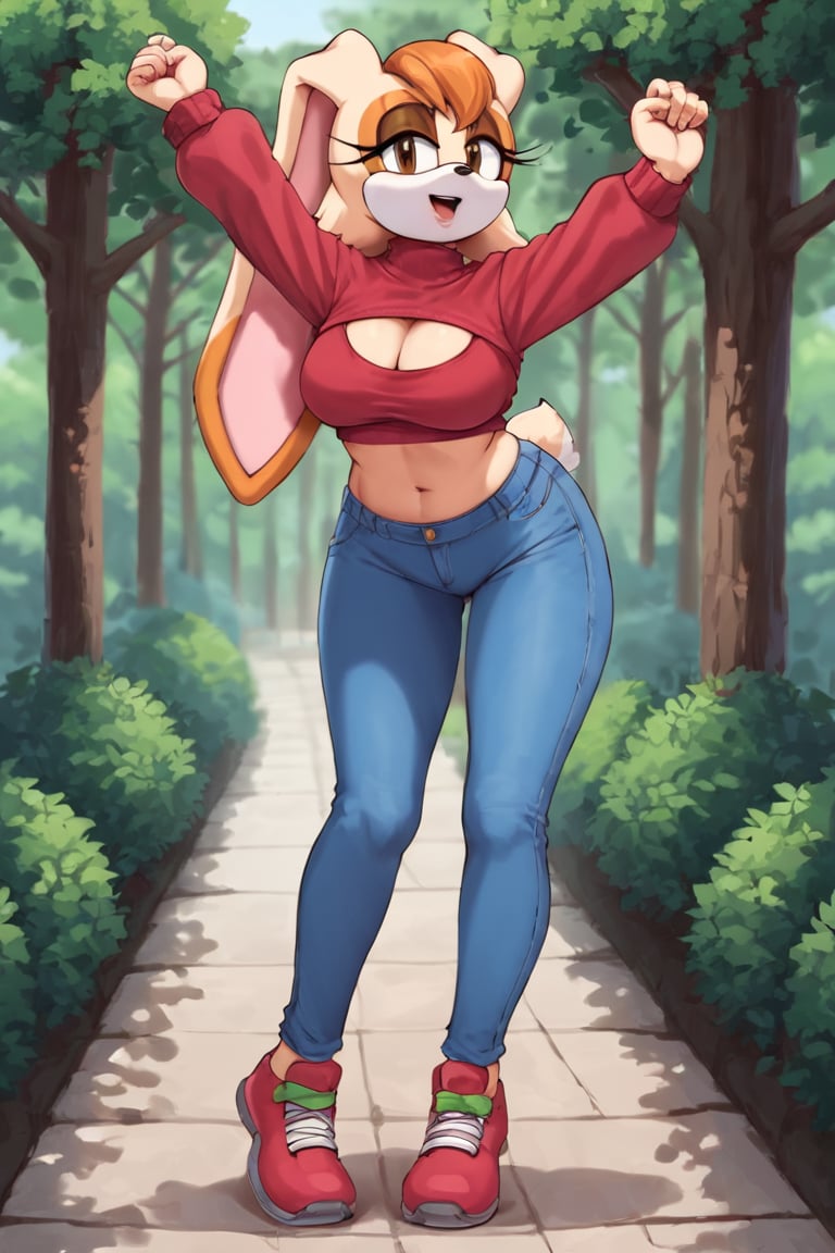 score_9, score_8_up, score_7_up, score_6_up, score_5_up, score_4_up, (Source sonic), (rating safe), vanilla the rabbit, 1girl, solo, outside, wearing blue jeans, red sweater, shirt cutout, large breasts, brown eyes, looking at viewer, standing, outside, trees, fall weather,  , wide hips, rabbit girl, short hair, body fur, dynamic pose, anime style,flashing belly,stomach_punch,cammystretch, stretching,leaning forward,arms up, RakkunVTSDXL