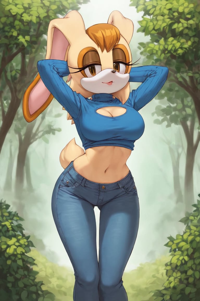 score_9, score_8_up, score_7_up, score_6_up, score_5_up, score_4_up, (Source sonic), (rating safe), vanilla the rabbit, 1girl, solo, outside, wearing blue jeans, blue sweater, shirt cutout, large breasts, brown eyes, looking at viewer, standing, outside, trees, fall weather,  , wide hips, rabbit girl, short hair, body fur, dynamic pose, anime style,flashing belly,stomach_punch,cammystretch, stretching,leaning forward,arms up