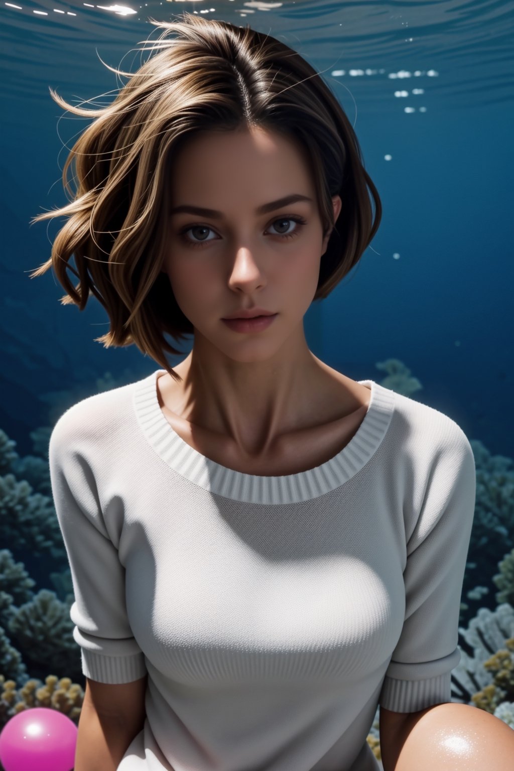 1girl, Cheryl, solo, looking at viewer, short hair, brown eyes, brown hair, blonde hair, collarbones, parted lips, water, lips, white sweater, sunlight, bubbles, underwater, ((small bubbles)), red balloons,<lora:659111690174031528:1.0>