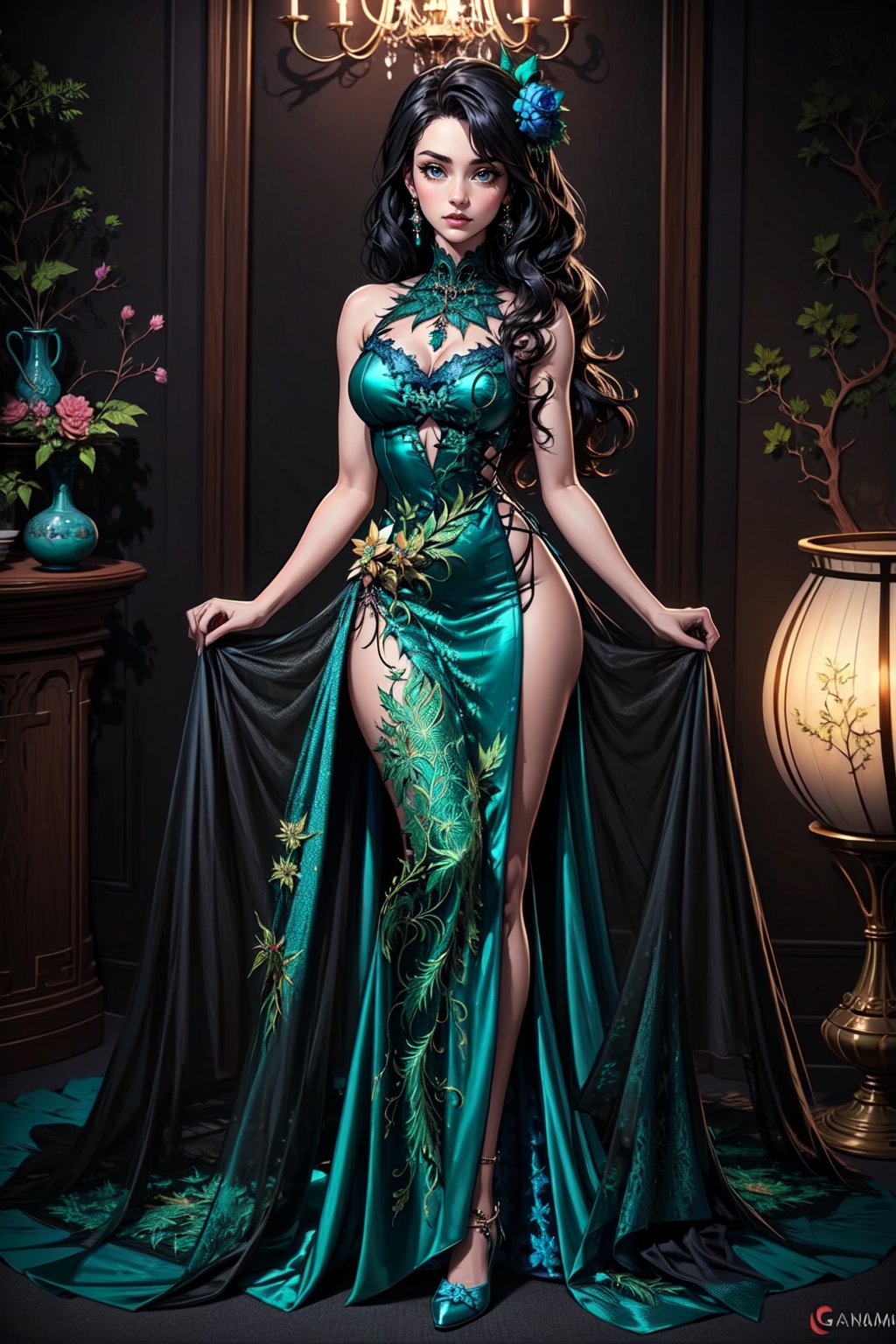 ((masterpiece, Best quality, A high resolution, ultra detailed), (beautiful and aesthetically pleasing:1.2), Detailed eyes and face, full body, ((1 woman)), adult, (black long wavy hair), ((green eyes)), female body, female focus, Beautiful body, perfect body, 
 full body, garem outfit, beautiful sexy dress, erotic dress, pumps, birthday party