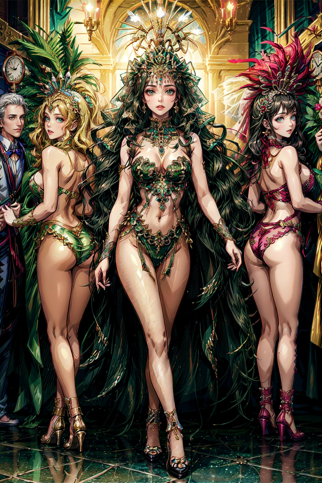 ((masterpiece, Best quality, A high resolution, ultra detailed), (beautiful and aesthetically pleasing:1.2), Detailed eyes and face, full body, ((1 woman)), adult, ((black long wavy hair)), ((green eyes)), female body, female focus, Beautiful body, perfect body, 
 full body, garem outfit, beautiful sexy dress, erotic dress, pumps, birthday party