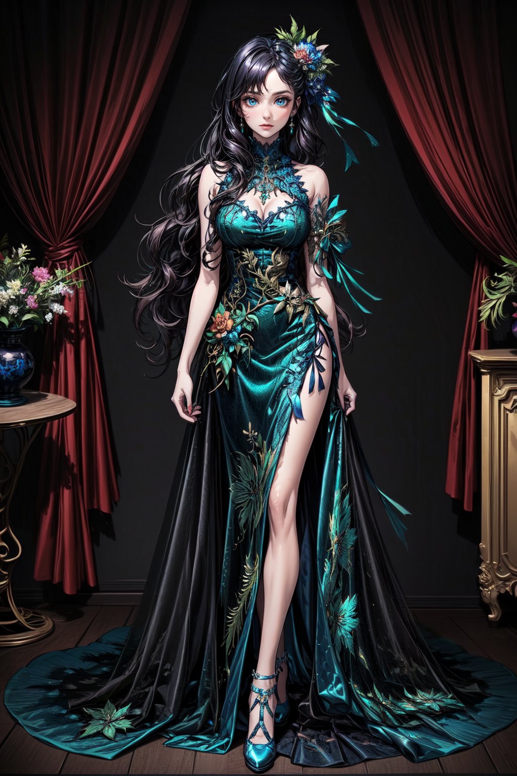 ((masterpiece, Best quality, A high resolution, ultra detailed), (beautiful and aesthetically pleasing:1.2), Detailed eyes and face, full body, ((1 woman)), adult, (black long wavy hair), ((green eyes)), female body, female focus, Beautiful body, perfect body, 
 full body, garem outfit, beautiful sexy dress, erotic dress, pumps, birthday party