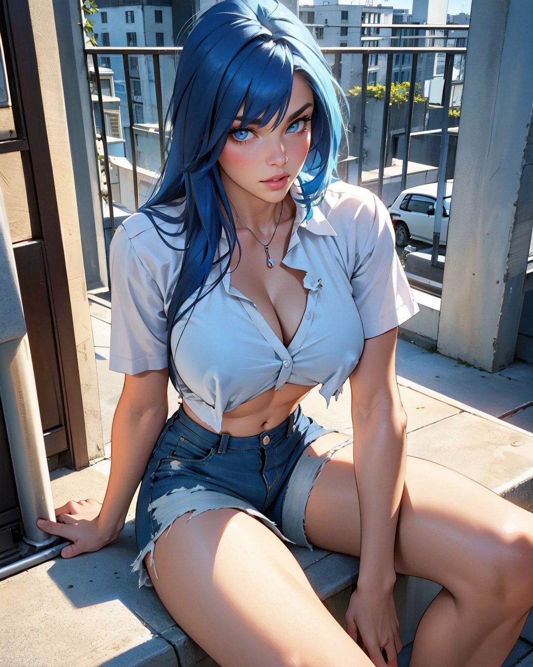 1 girl, alone, long hair, breasts, looking at viewer, skirt, medium breasts, blue hair, shirt, light blue eyes, sitting, white shirt, cleavage, nipples, torn shirt, torn shirt, short sleeves, outdoors, sky, shorts, abdomen, lips, crop top, night, white shoes, rooftop, balcony, white shorts, realistic
