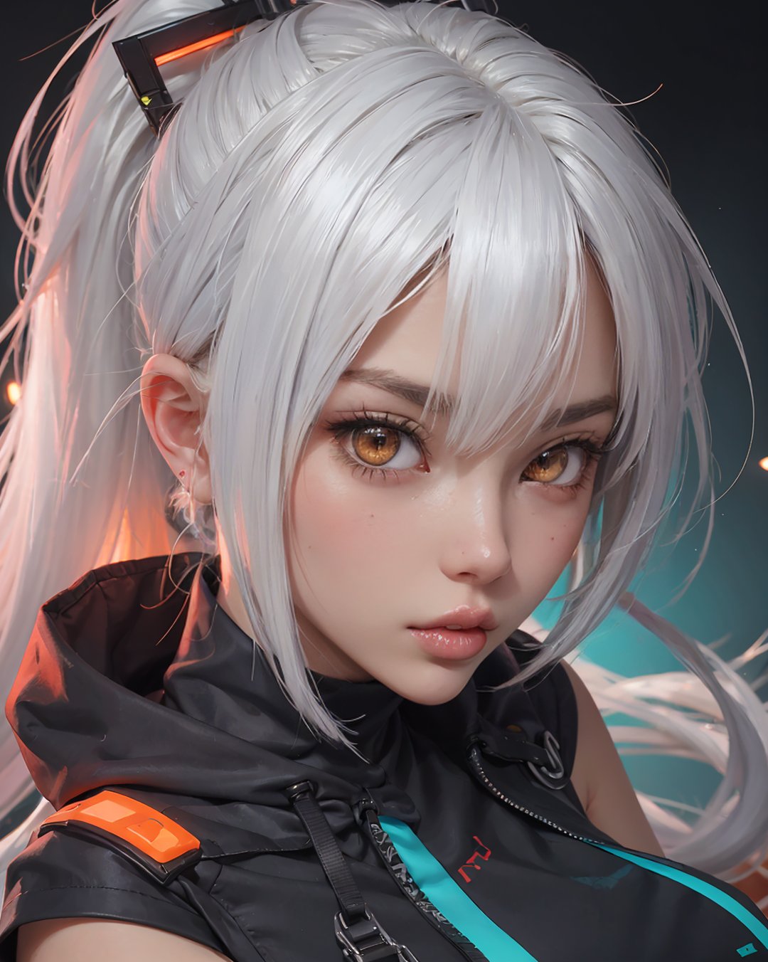 anime girl with long hair and orange eyes, close-up, Arknights, white-haired fox, Girls Frontline Style, Ponytail, abstract background, neon colors,