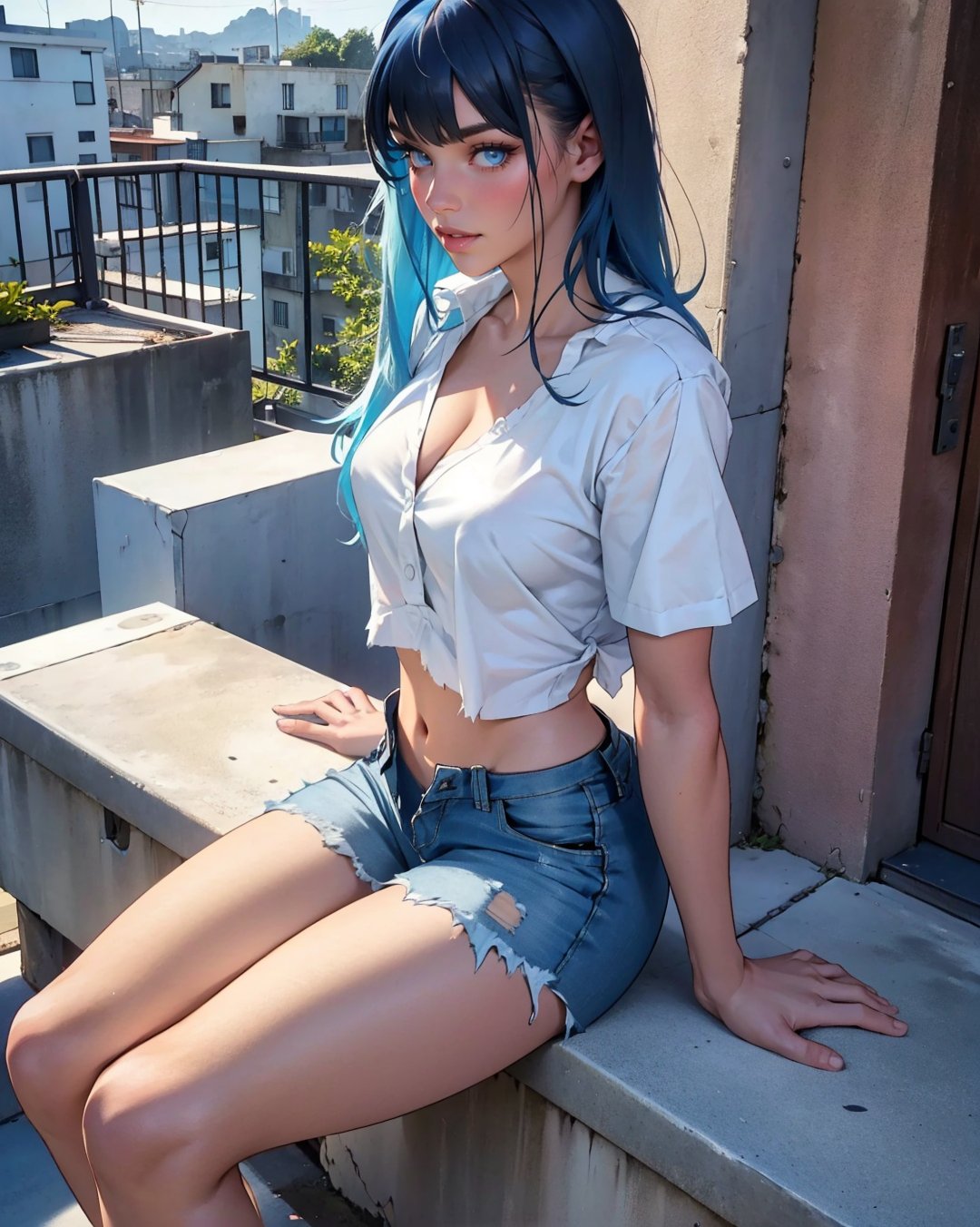 1 girl, alone, long hair, breasts, looking at viewer, skirt, medium breasts, blue hair, shirt, light blue eyes, sitting, white shirt, cleavage, nipples, torn shirt, torn shirt, short sleeves, outdoors, sky, shorts, abdomen, lips, crop top, night, white shoes, rooftop, balcony, white shorts, realistic
