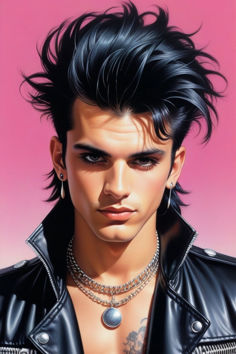 Kooky illustration portrait of 80’s mall punk rocker male teen in retro clothing, Boris Vallejo's techno-goa style album cover art. Perfect Hands