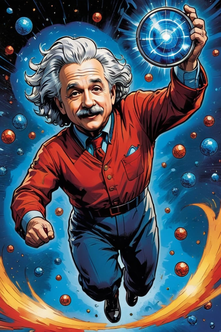 Einstein's Electrifying Escapade: A vintage-inspired comic book poster depicts Albert Einstein as a daring superhero, suspended mid-air amidst a whirlwind of swirling hair. He dons a bold, red-and-blue costume emblazoned with a gargantuan E emblem on his chest. In the background, atomic particles burst apart in a kaleidoscope of colorful chaos, as Einstein's outstretched arm holds aloft a glowing, blue-tinted energy shield. The overall composition evokes a sense of dynamism and scientific sorcery, as if the laws of physics are mere suggestions to this brilliant hero.