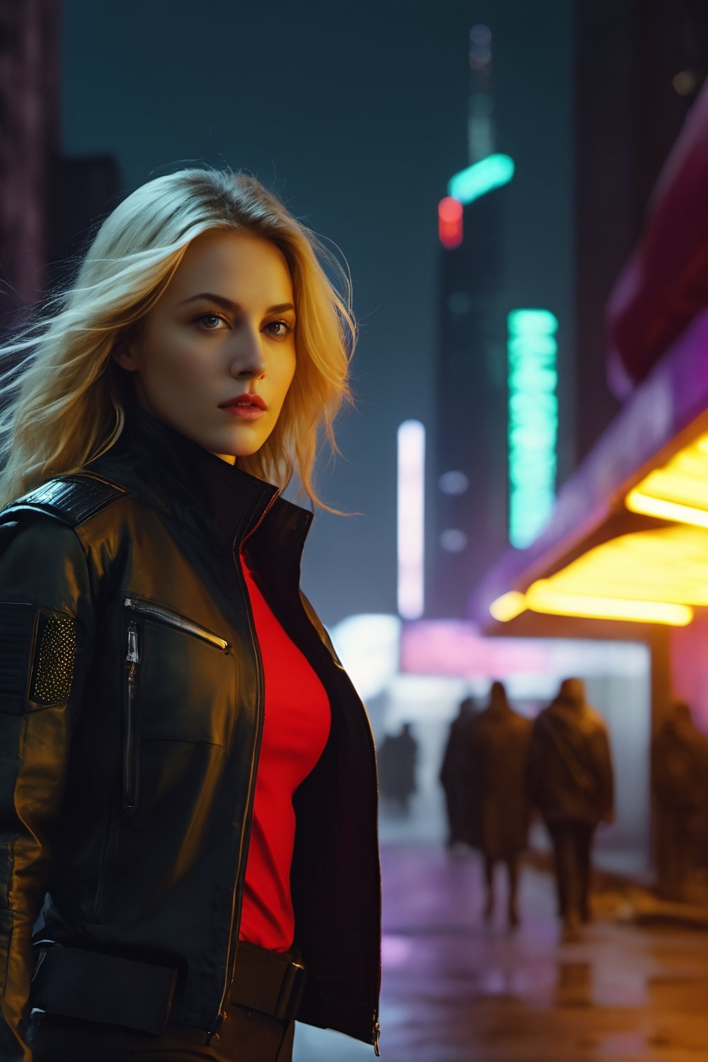 masterpiece, 4k, high resolution, beautiful, ultra-detailed (cinematic shot, panoramic, wide angle camera) a woman, 30 years old, futuristic space mercenary (long blonde hair, black eyes, athletic body, angry look) wears a black jacket, red top, black pants, walks in the middle of a futuristic post-apocalyptic city, illuminated by neon yellow, red, green, purple and pink lights, in a nighttime environment