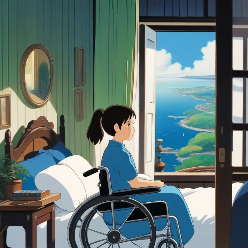 (ghibli), a girl in a wheelchair looking through the window, realistic depiction of a focus face, artistic portrait style, contrasting colors,  (masterpiece,best quality), black hair, short_pony_tail, (bedroom), blue_clothes,StdGBRedmAF