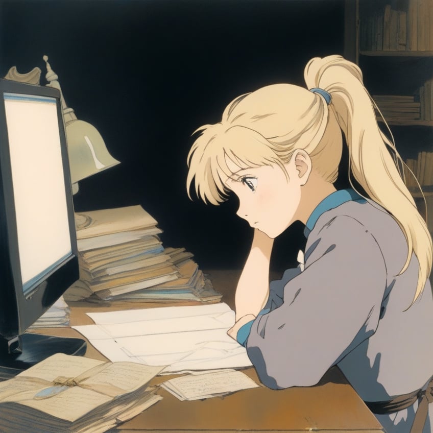 (ghibli), a girl looking up at her desk drawing, realistic depiction of a melancholy face, artistic portrait style, contrasting colors, beautiful eyes, (masterpiece,best quality) blonde hair, pony_tail