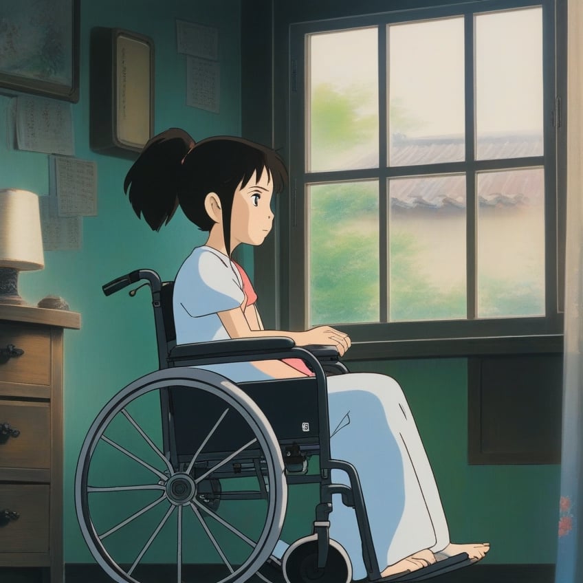 (ghibli), a girl in a wheelchair looking through the window, realistic depiction of a focus face, artistic portrait style, contrasting colors,  (masterpiece,best quality), black hair, short_pony_tail, (bedroom),StdGBRedmAF