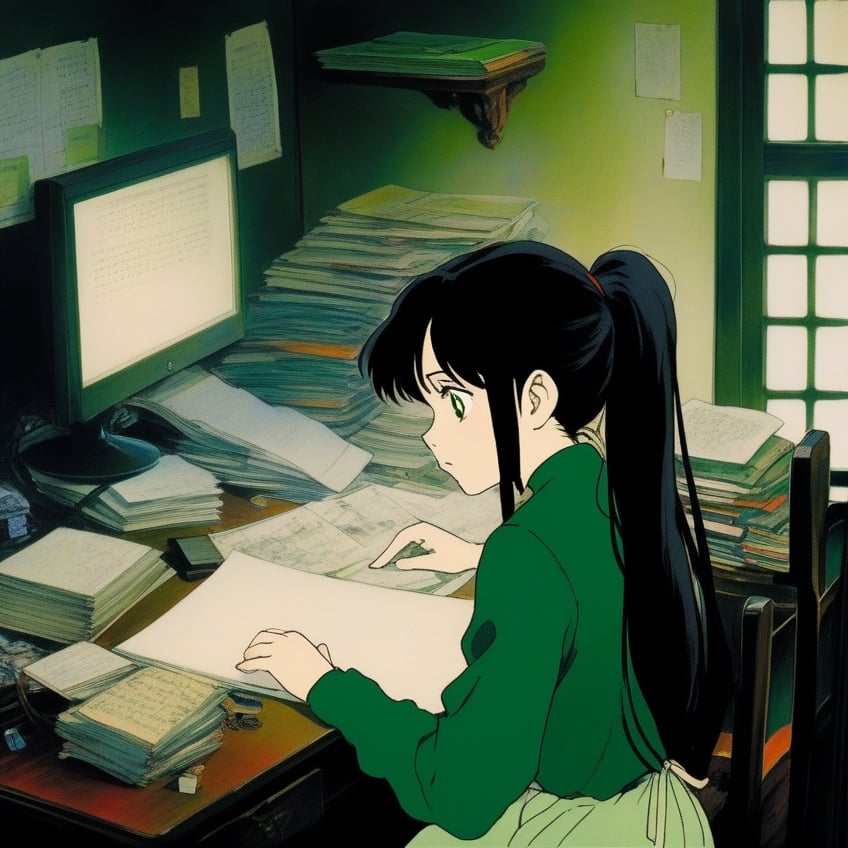 (ghibli), a girl looking up at her desk drawing, realistic depiction of a melancholy face, artistic portrait style, contrasting colors, beautiful eyes, (masterpiece,best quality), black_hair, green eyes, pony_tail